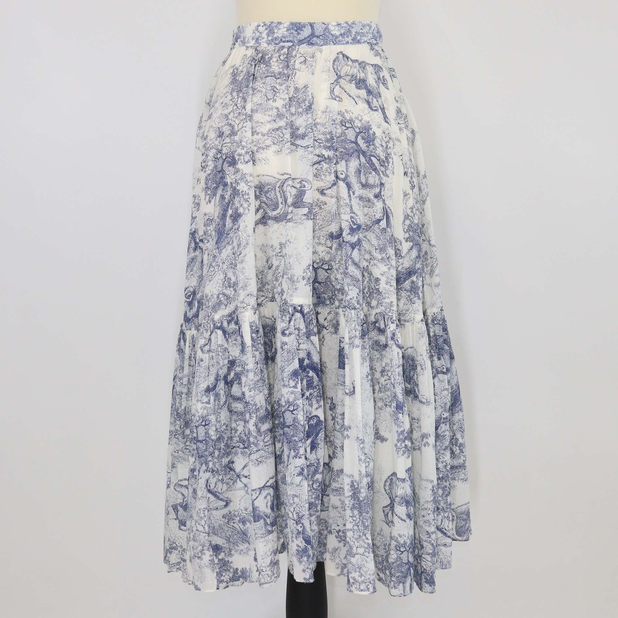 Christian Dior Navy Blue Toile De Jouy Printed Cotton Flared Skirt