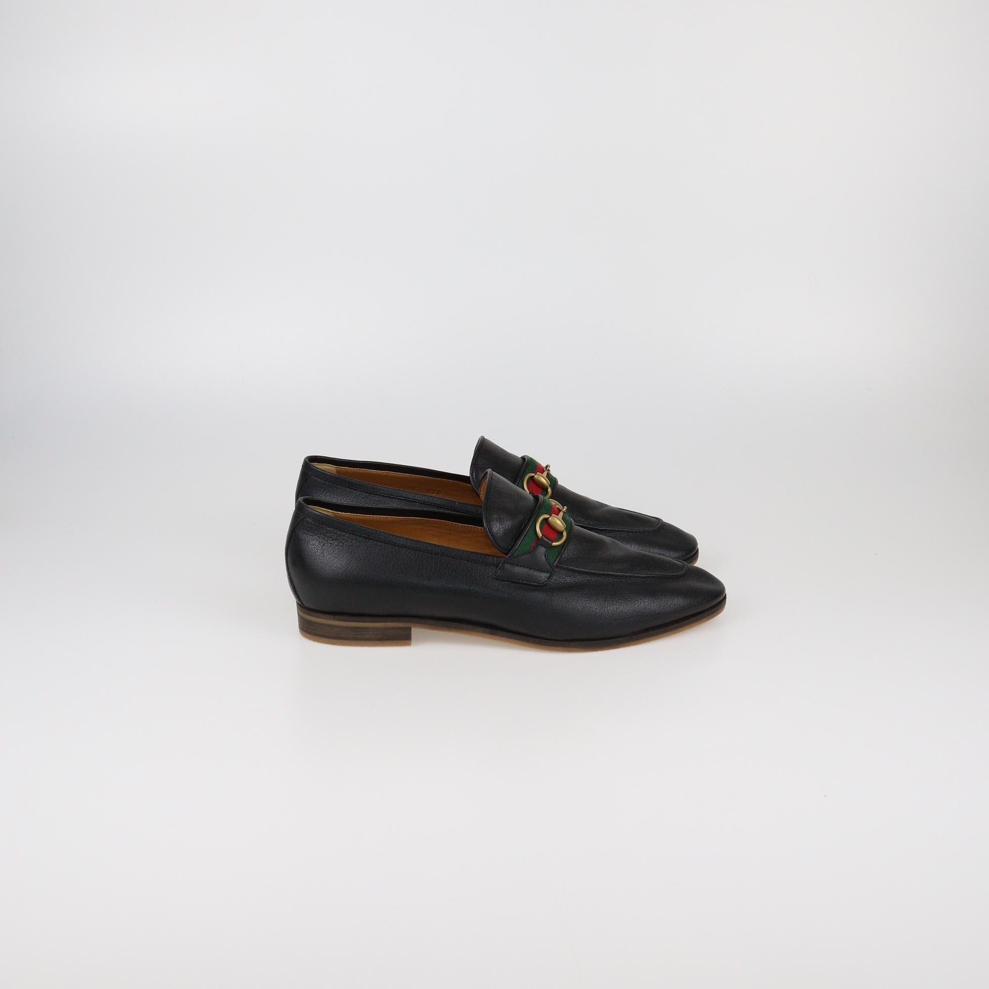 Gucci Black Horsebit Web Detail Slip On Loafers Womens Gucci