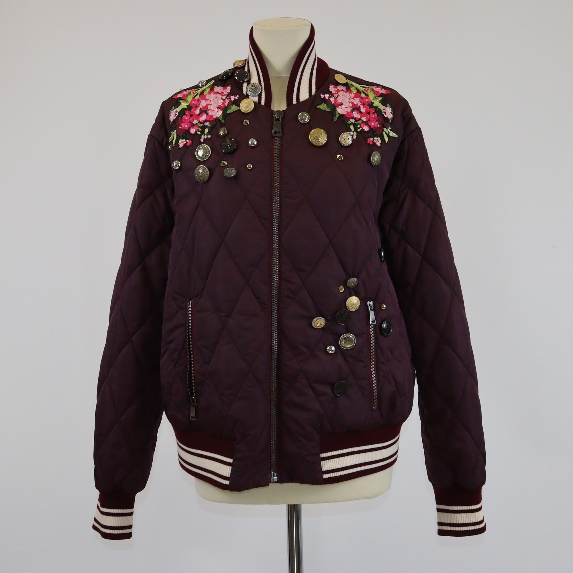 Dolce & Gabbana Maroon Quilted Embroidered Button Studded Bomber Jacket Womens Dolce & Gabbana
