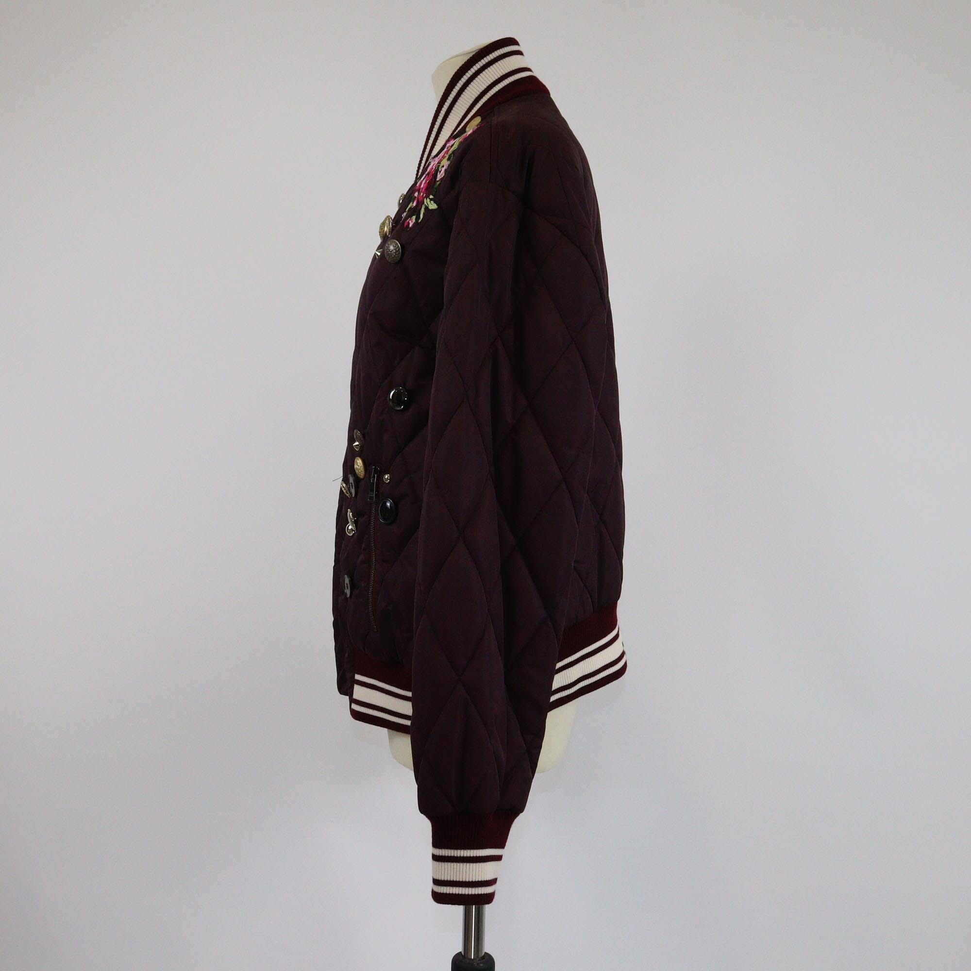 Dolce & Gabbana Maroon Quilted Embroidered Button Studded Bomber Jacket Womens Dolce & Gabbana