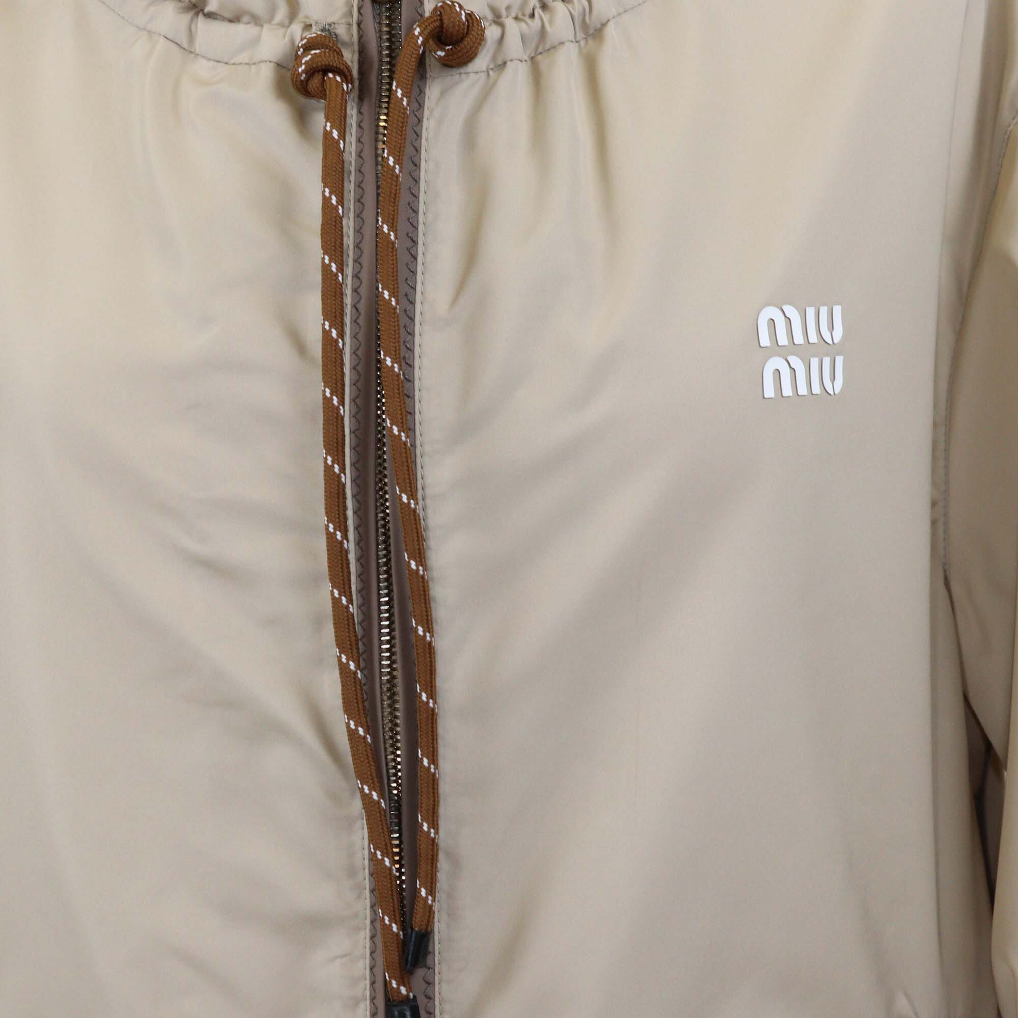 Miu Miu Beige Technical Fabric Logo Embroidered Blouson Hoodie Jacket Womens Miu Miu