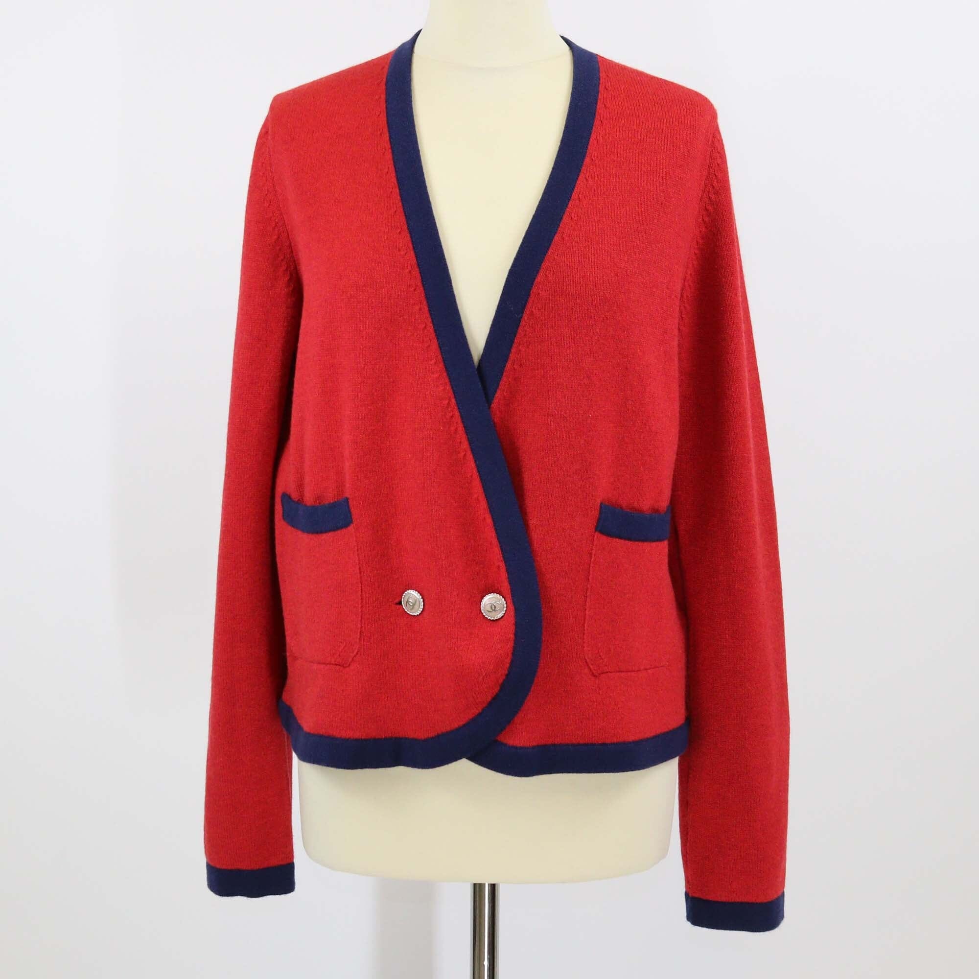 Chanel Red/Navy Blue Cashmere Knit Long Sleeve CC Buttons Cardigan Womens Chanel
