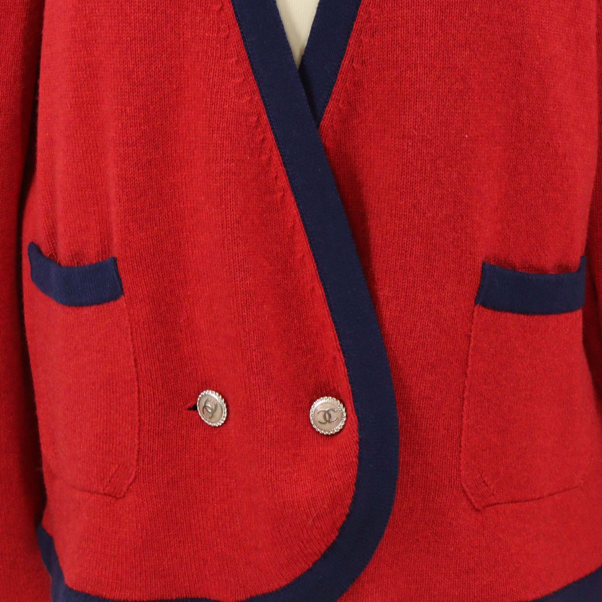 Chanel Red/Navy Blue Cashmere Knit Long Sleeve CC Buttons Cardigan Womens Chanel