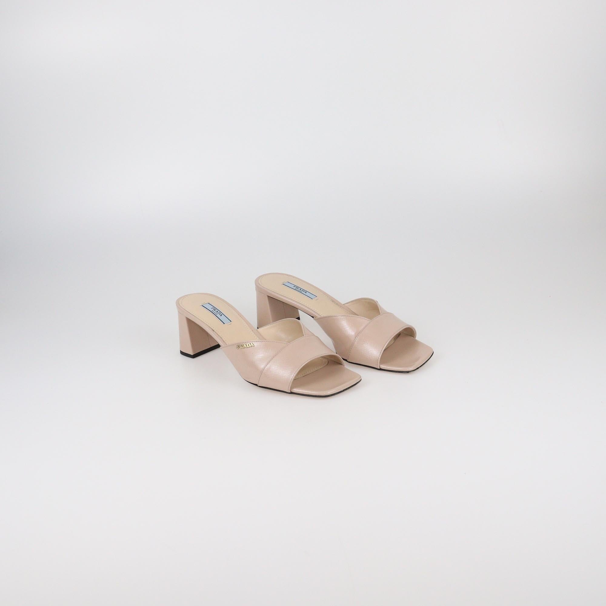Prada Beige Patent Block Heel Slide Sandals Womens Prada