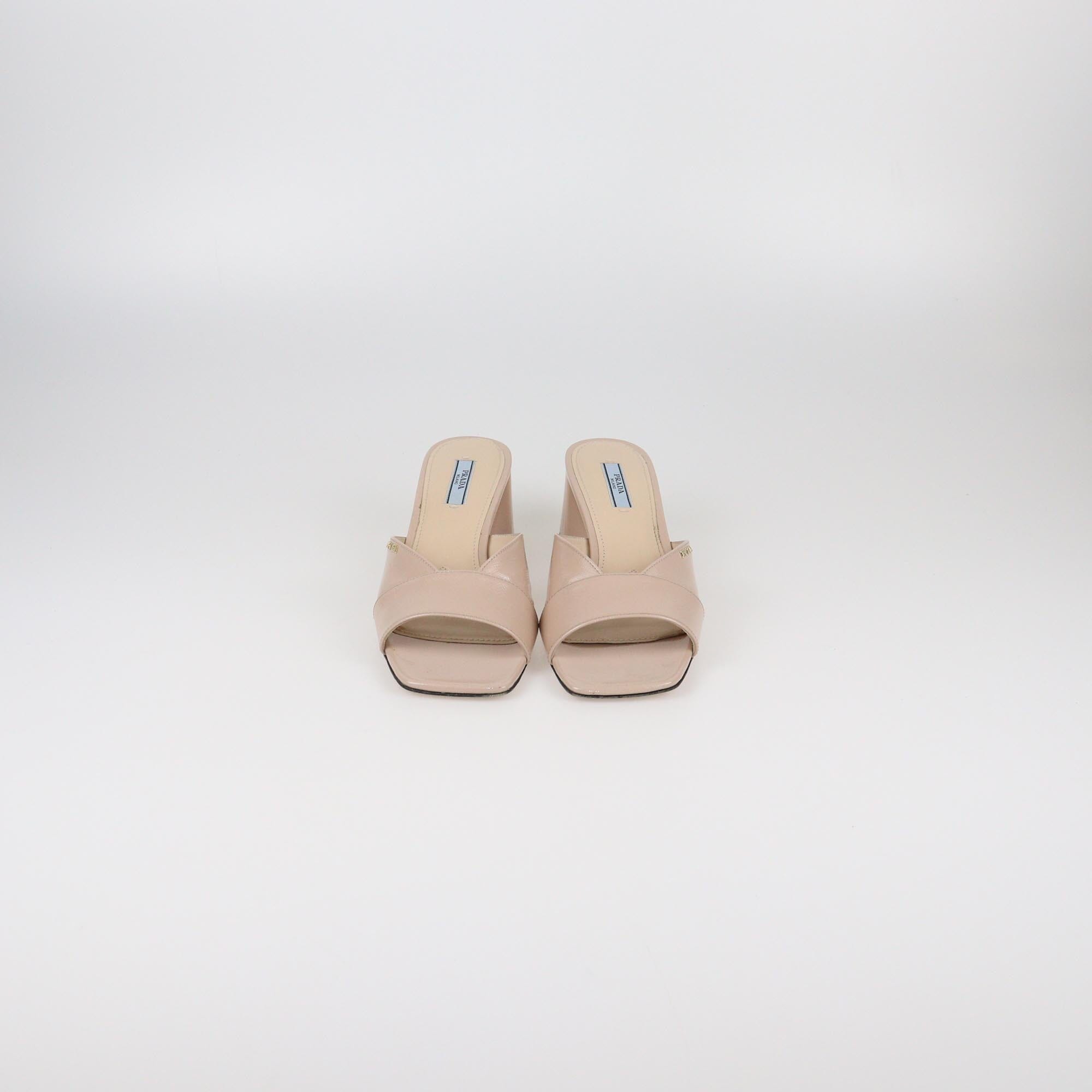 Prada Beige Patent Block Heel Slide Sandals Womens Prada
