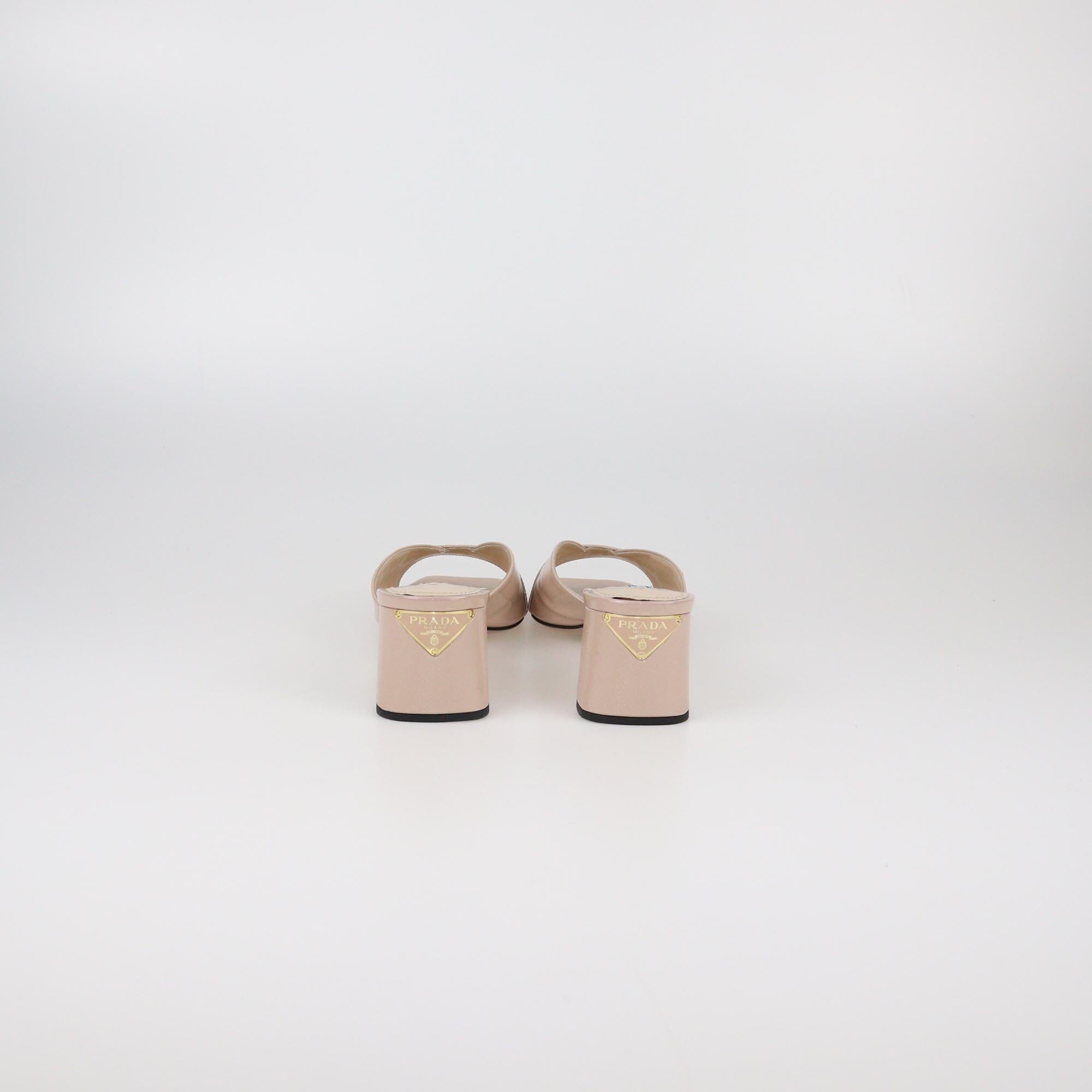 Prada Beige Patent Block Heel Slide Sandals Womens Prada
