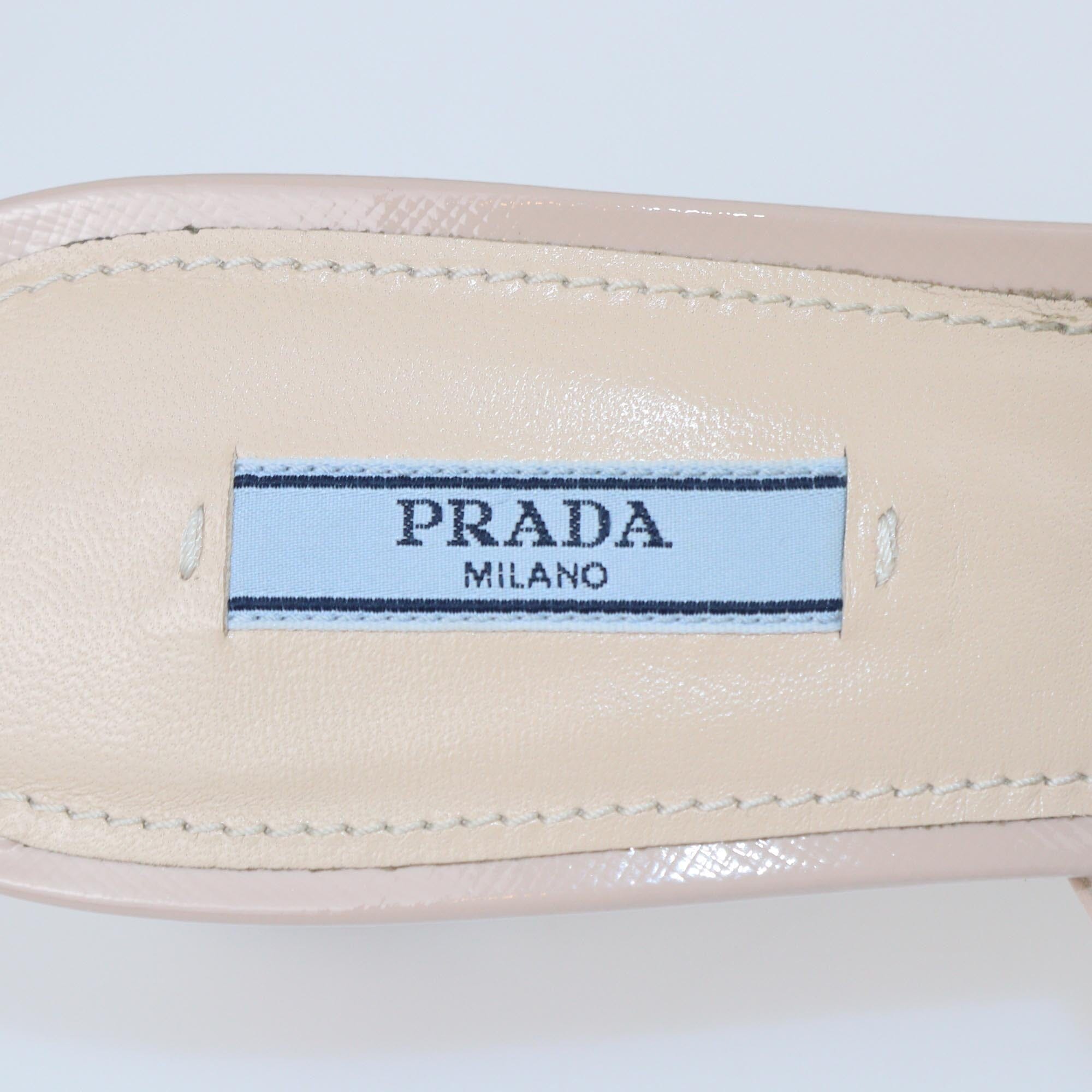 Prada Beige Patent Block Heel Slide Sandals Womens Prada