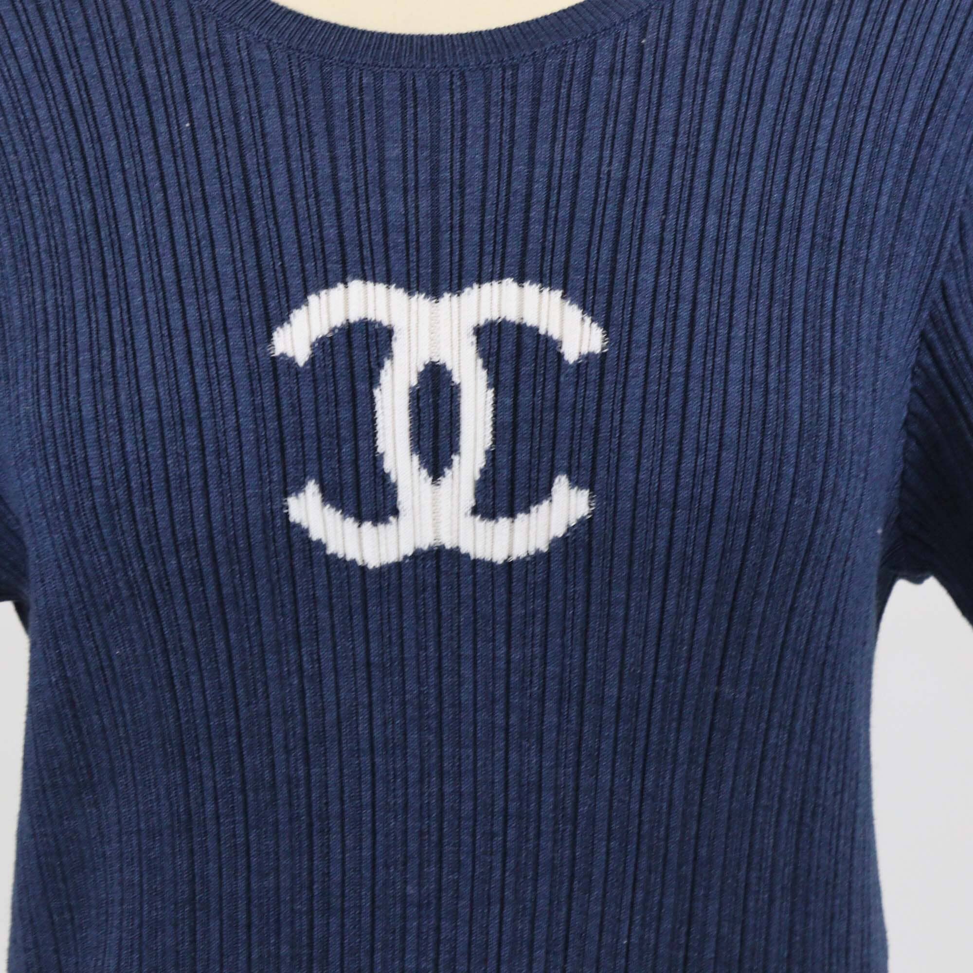 Chanel Blue Cotton Knit Short Sleeve Top Womens Chanel