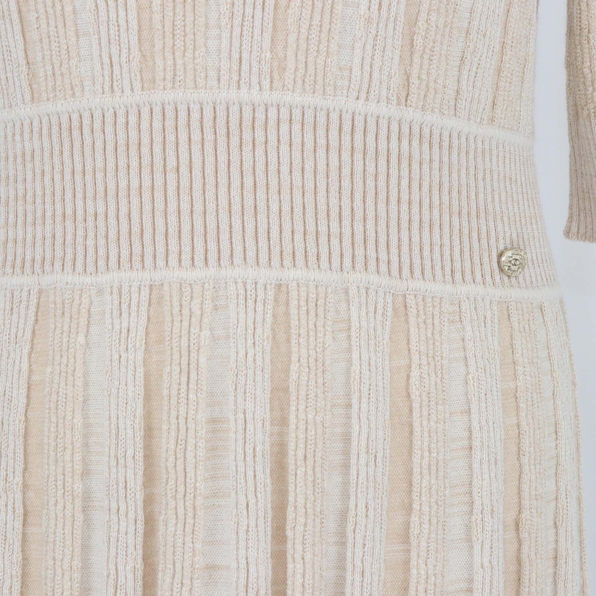 Chanel Beige Wool Blend Knit Crew Neck Mini Dress