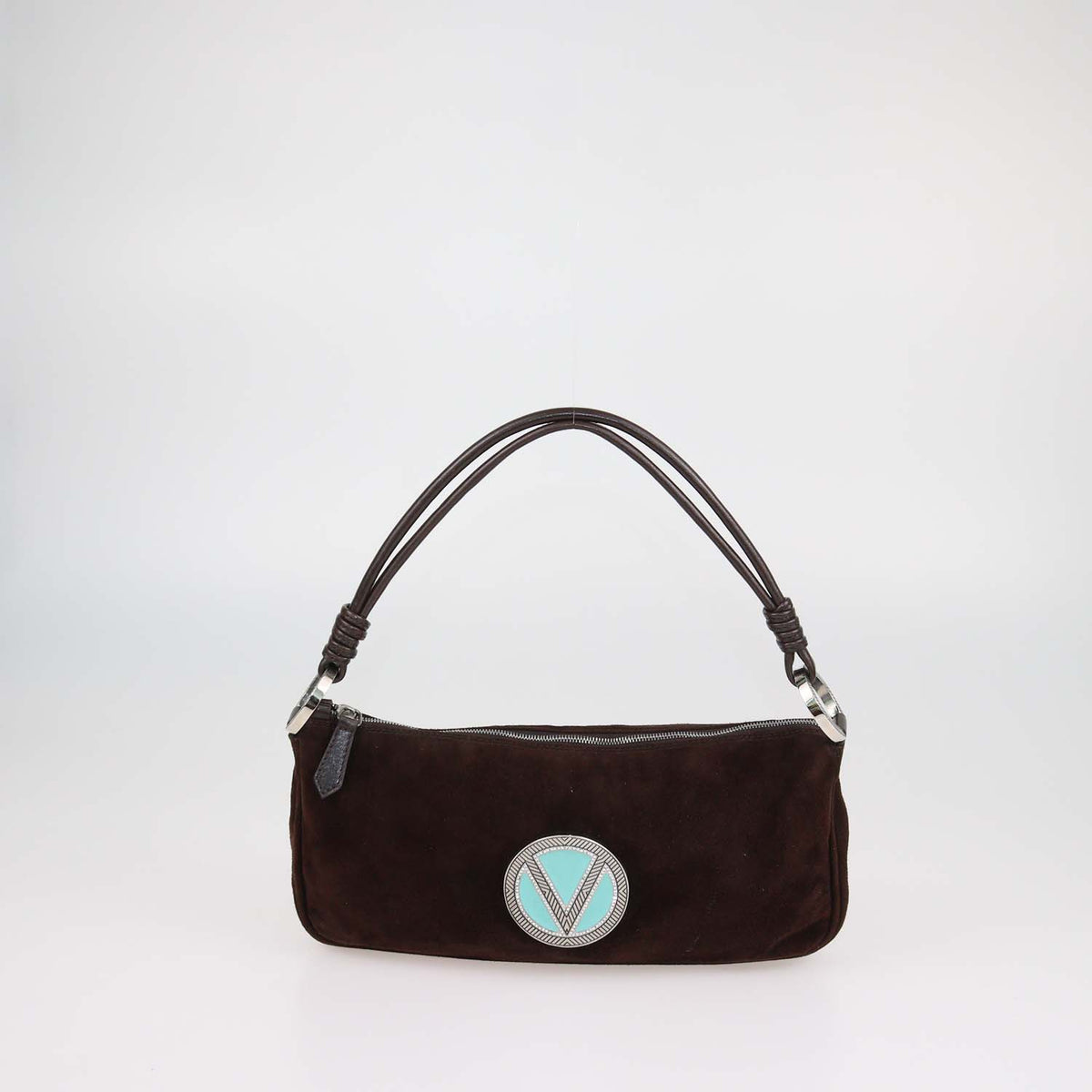 Valentino Dark Brown Suede V Crystal Signature Demi Bag