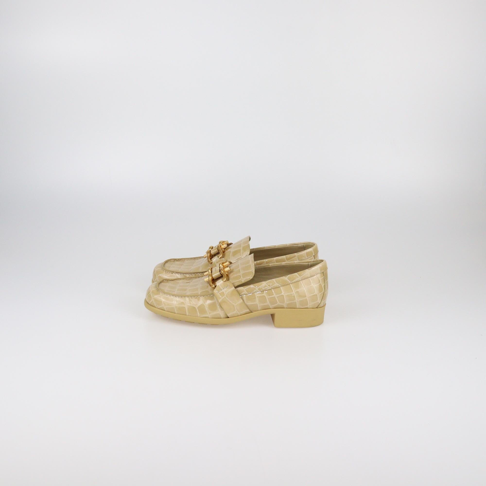 Bottega Veneta Beige Croc Embossed Patent Monsieur Moccasins Womens Bottega Veneta