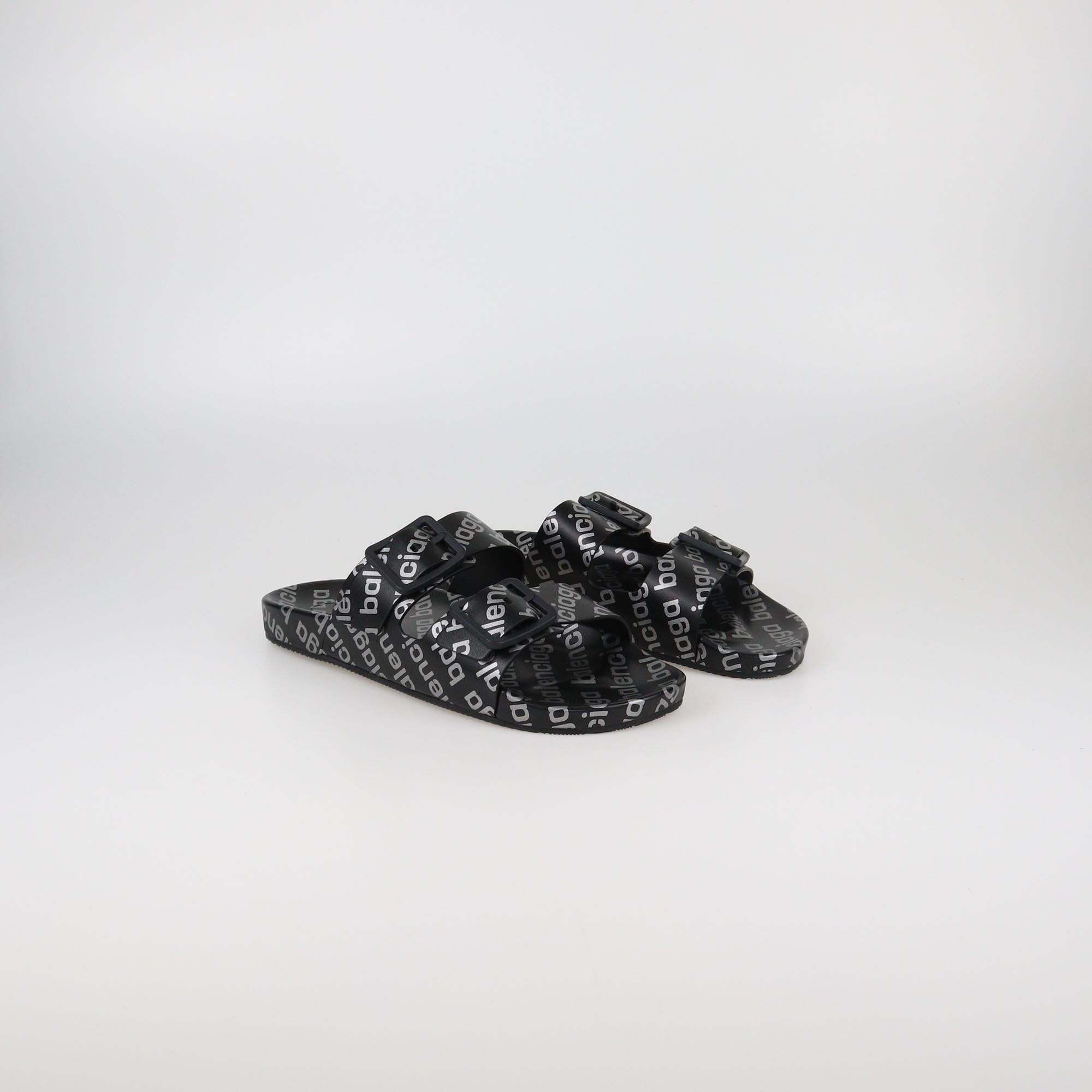 Balenciaga Black Reflective Monogram Mallorca Flat Sandals Mens Balenciaga