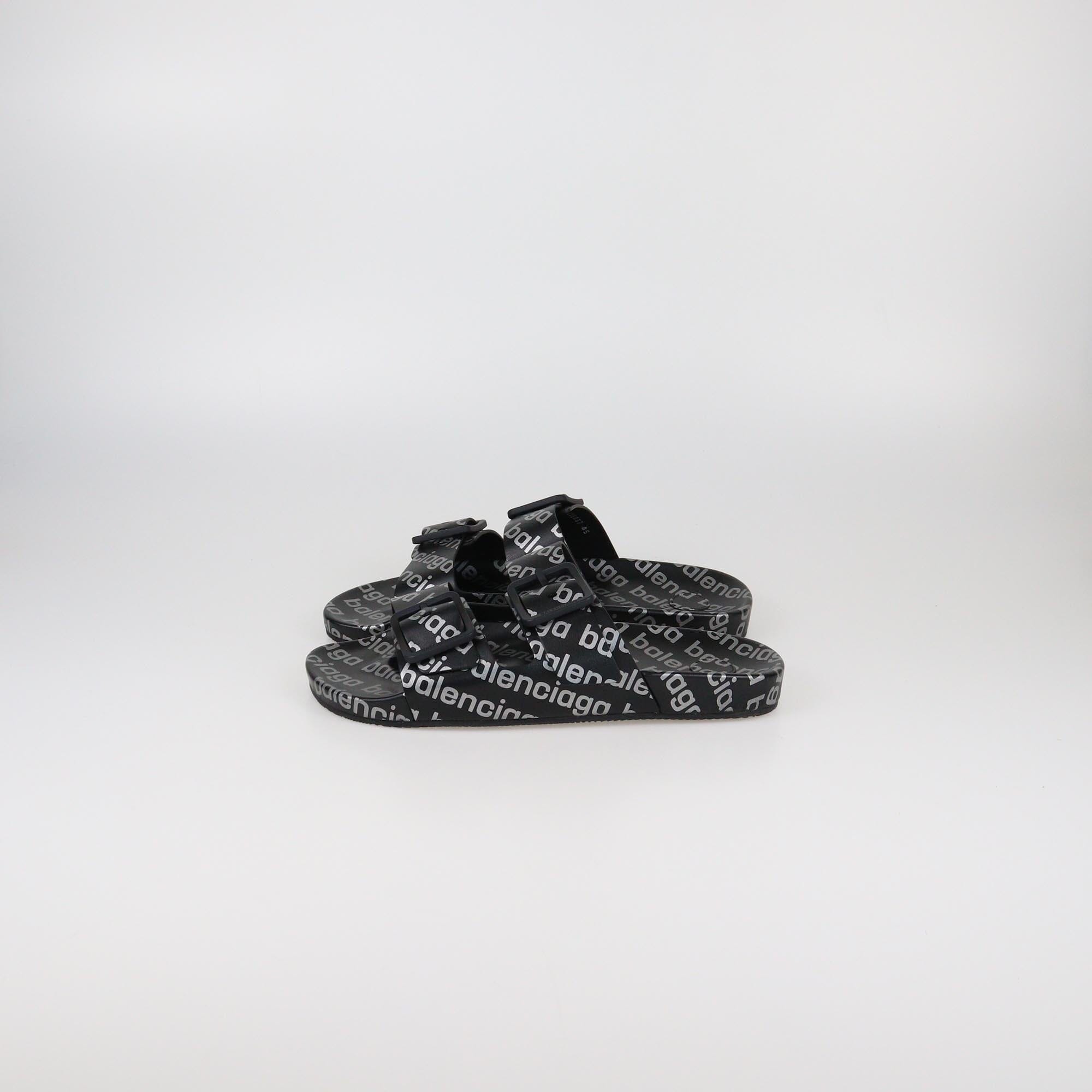 Balenciaga Black Reflective Monogram Mallorca Flat Sandals Mens Balenciaga