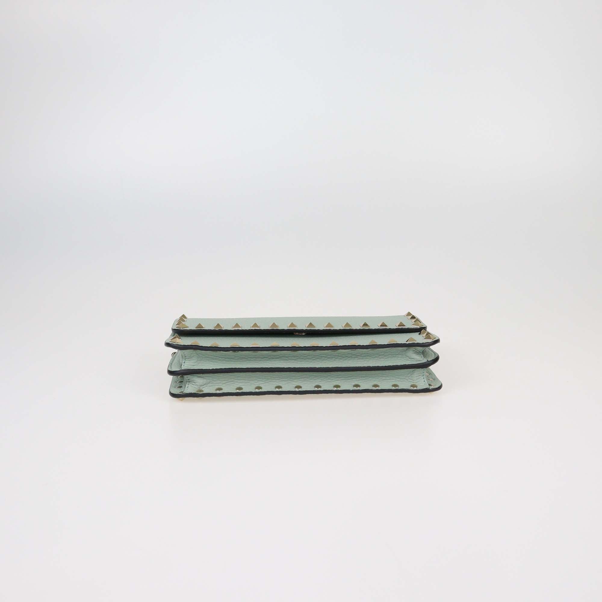 Valentino Pale Green Leather Rockstud Flap Chain Clutch