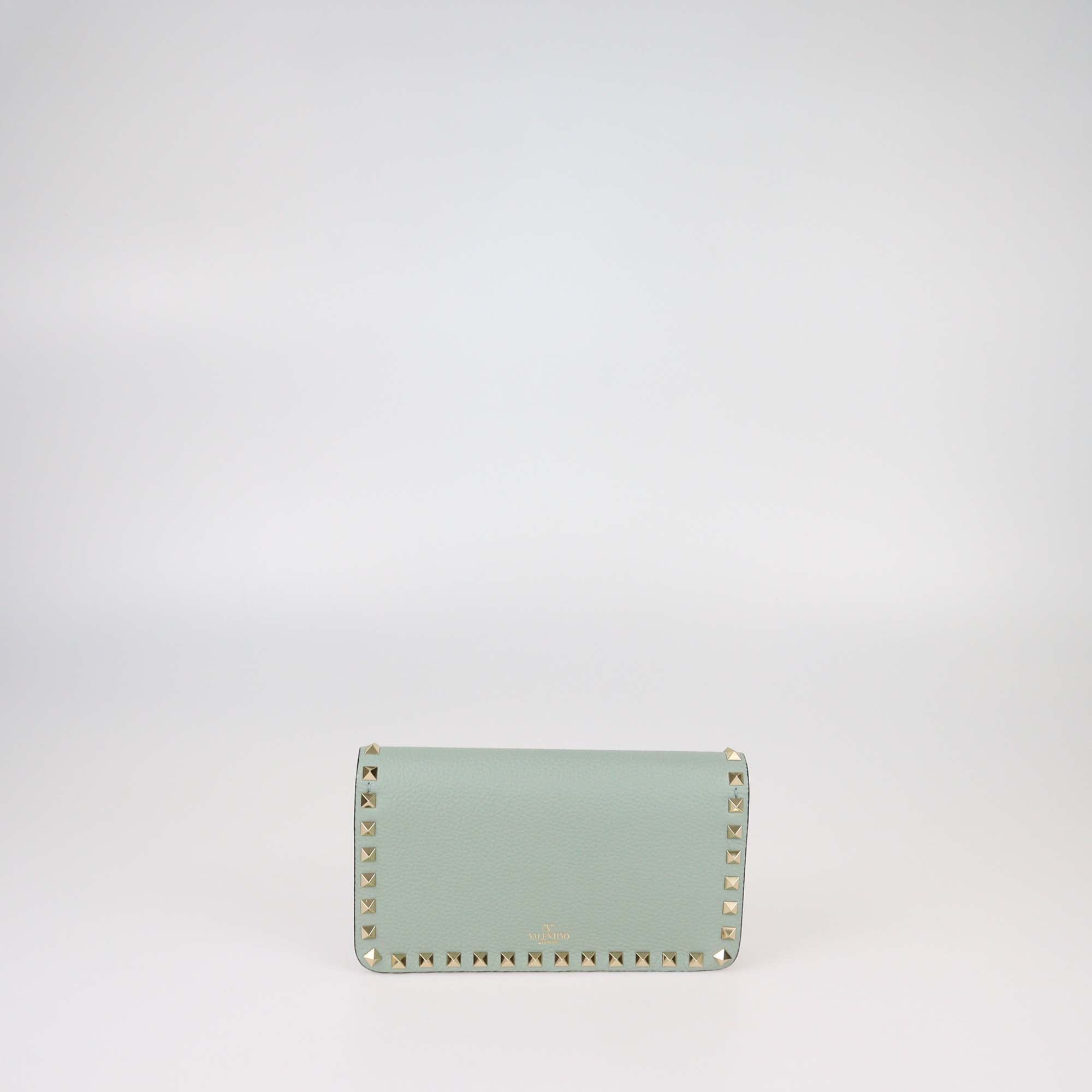 Valentino Pale Green Leather Rockstud Flap Chain Clutch