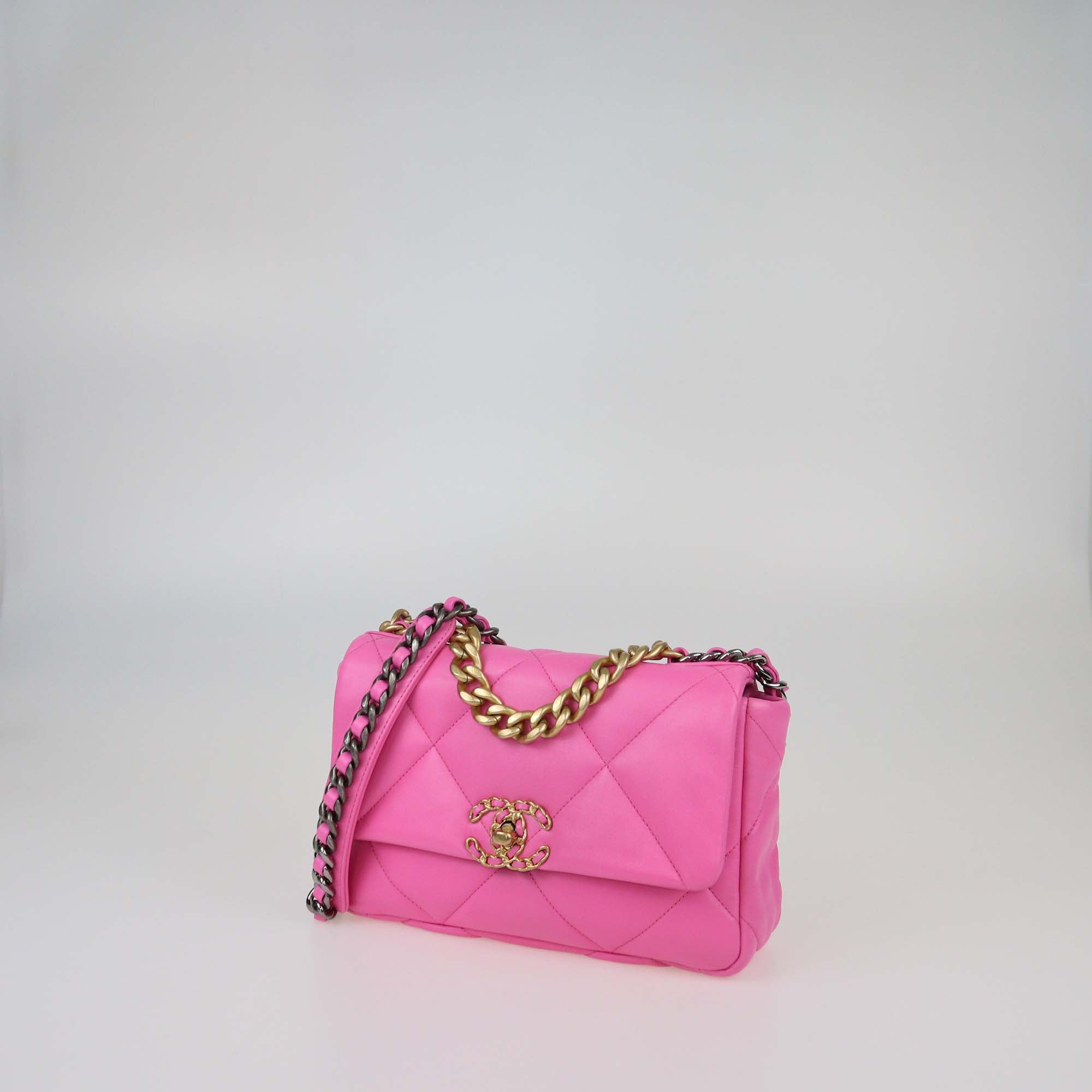 Chanel Pink Quilted Leather Medium 19 Flap Top Handle Bag