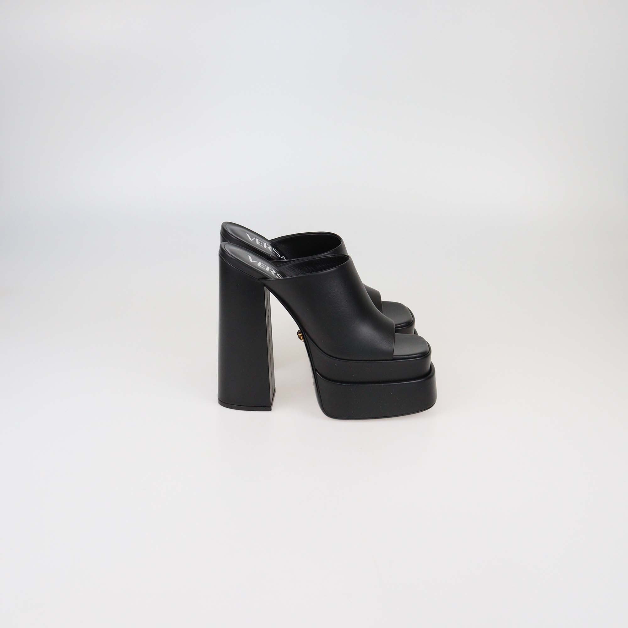 Versace Black Leather Double Platform Mules