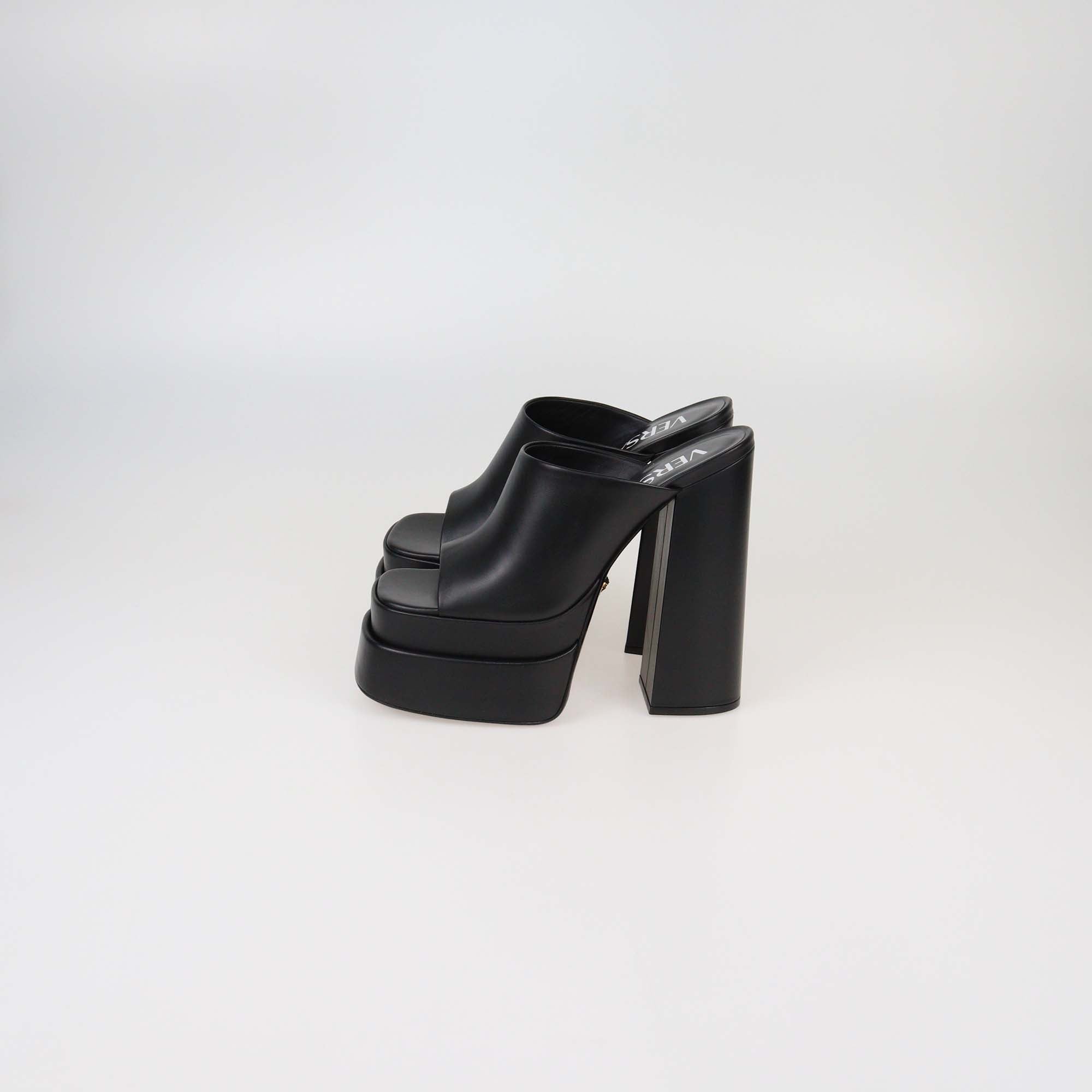 Versace Black Leather Double Platform Mules