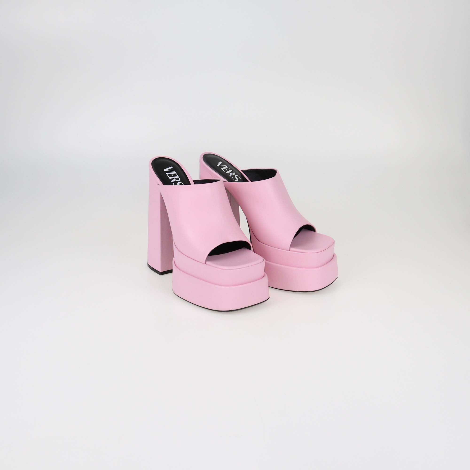 Versace Pink Leather Double Platform Mules