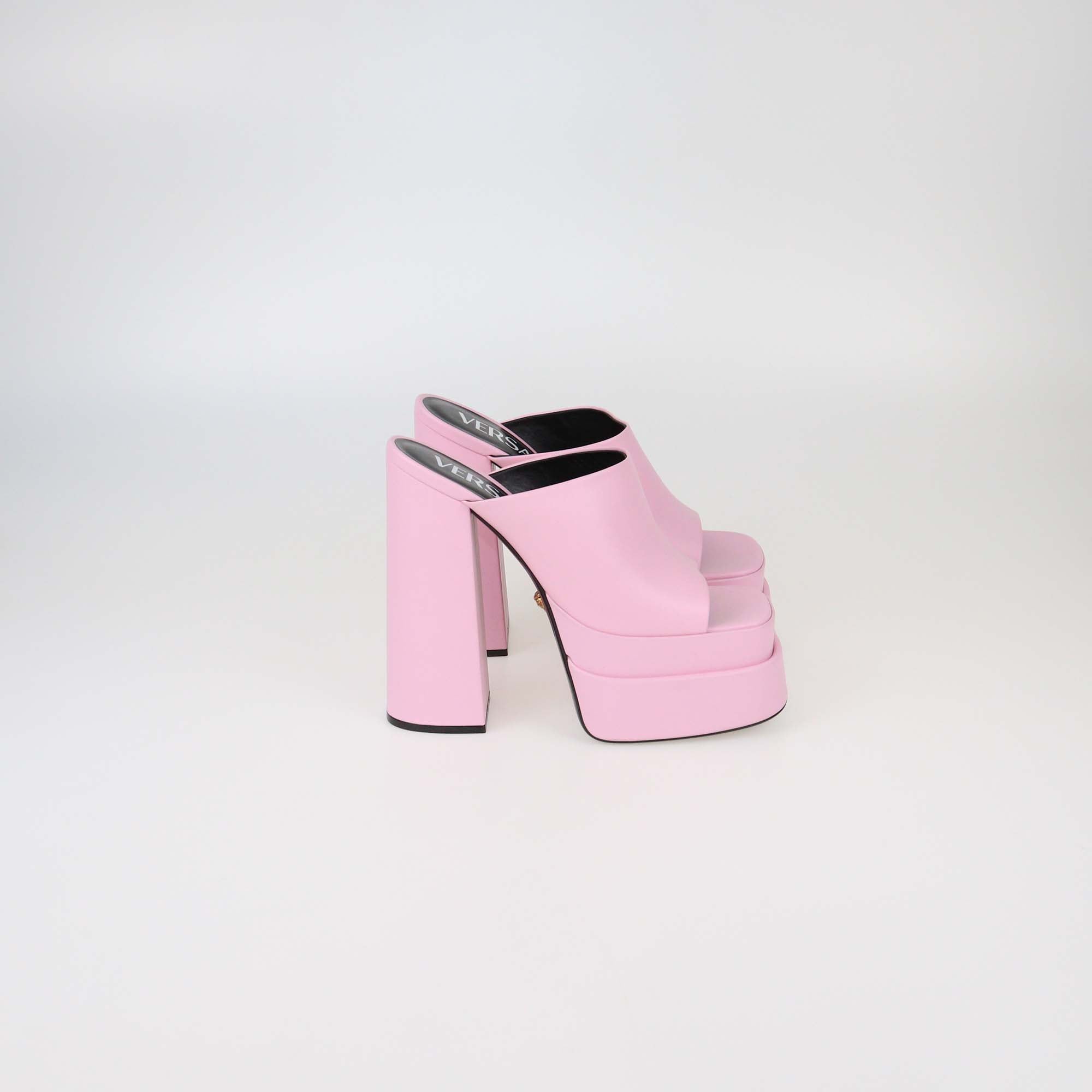 Versace Pink Leather Double Platform Mules
