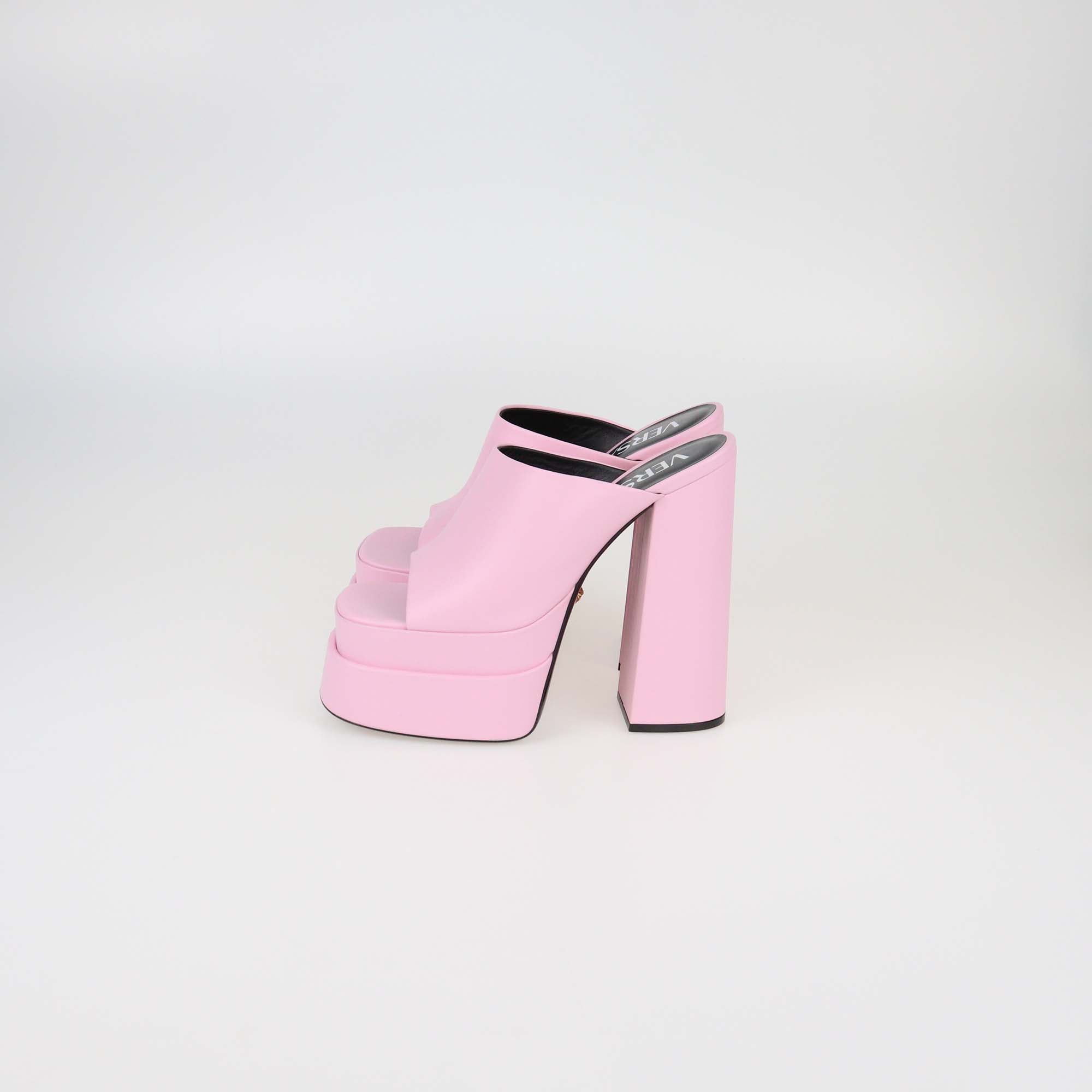 Versace Pink Leather Double Platform Mules