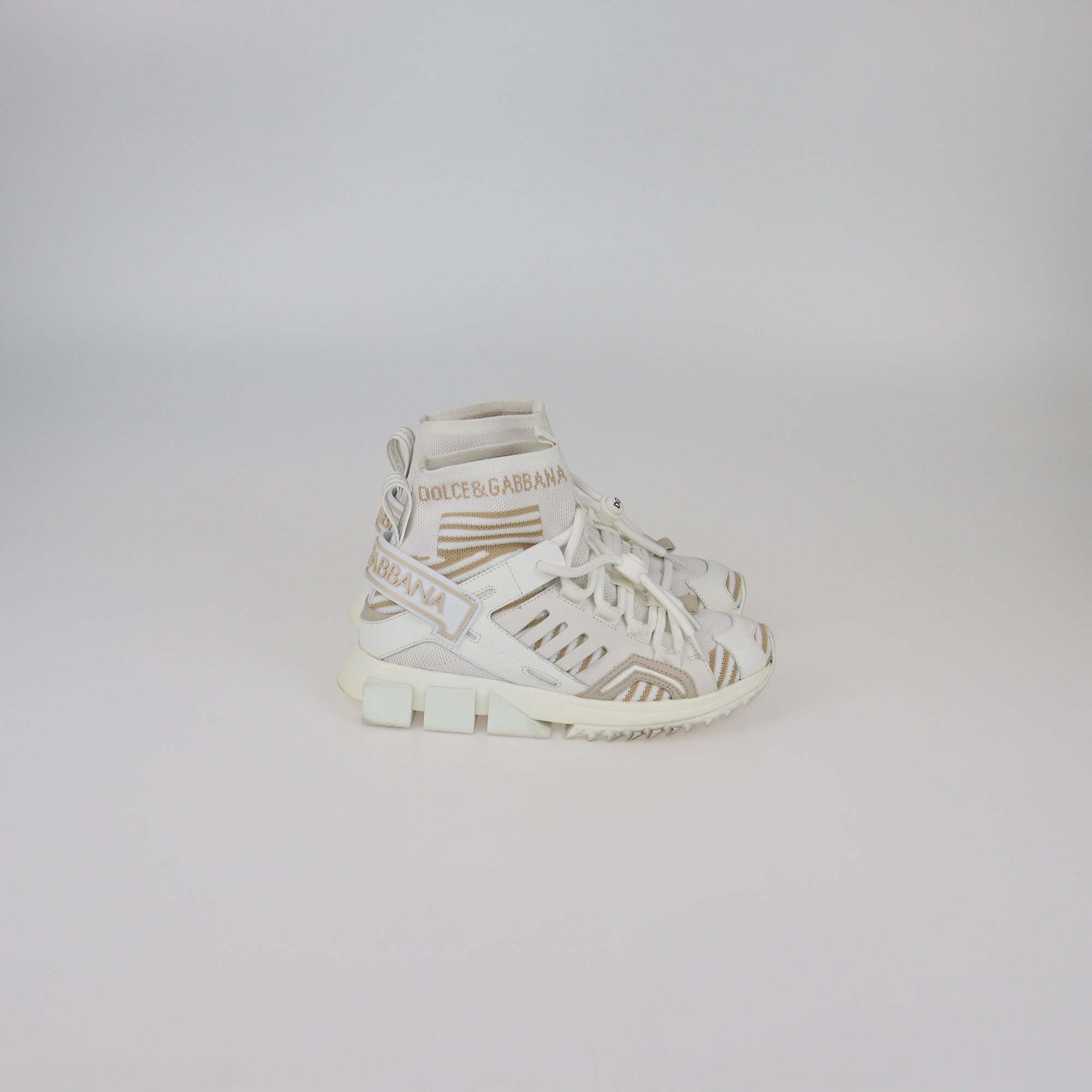 Dolce & Gabbana White/Beige Fabric Sorrento Logo Sneakers