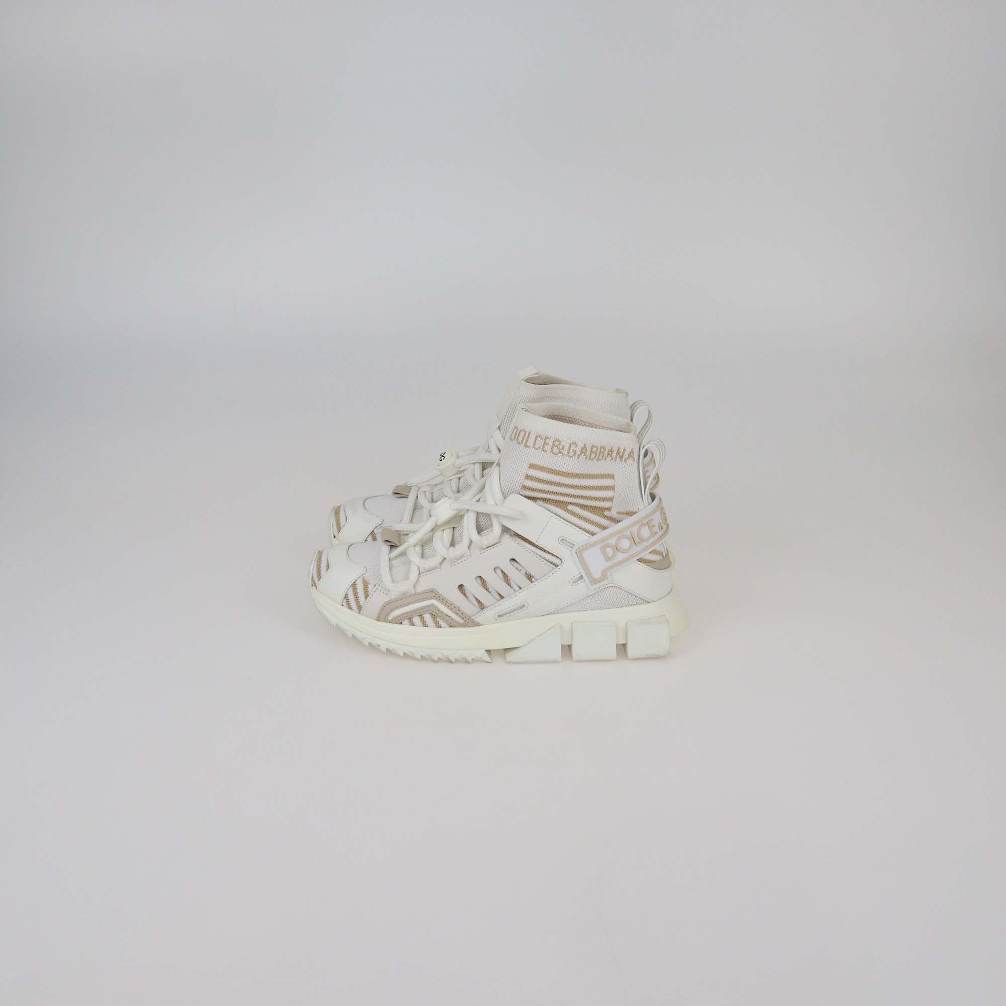 Dolce & Gabbana White/Beige Fabric Sorrento Logo Sneakers