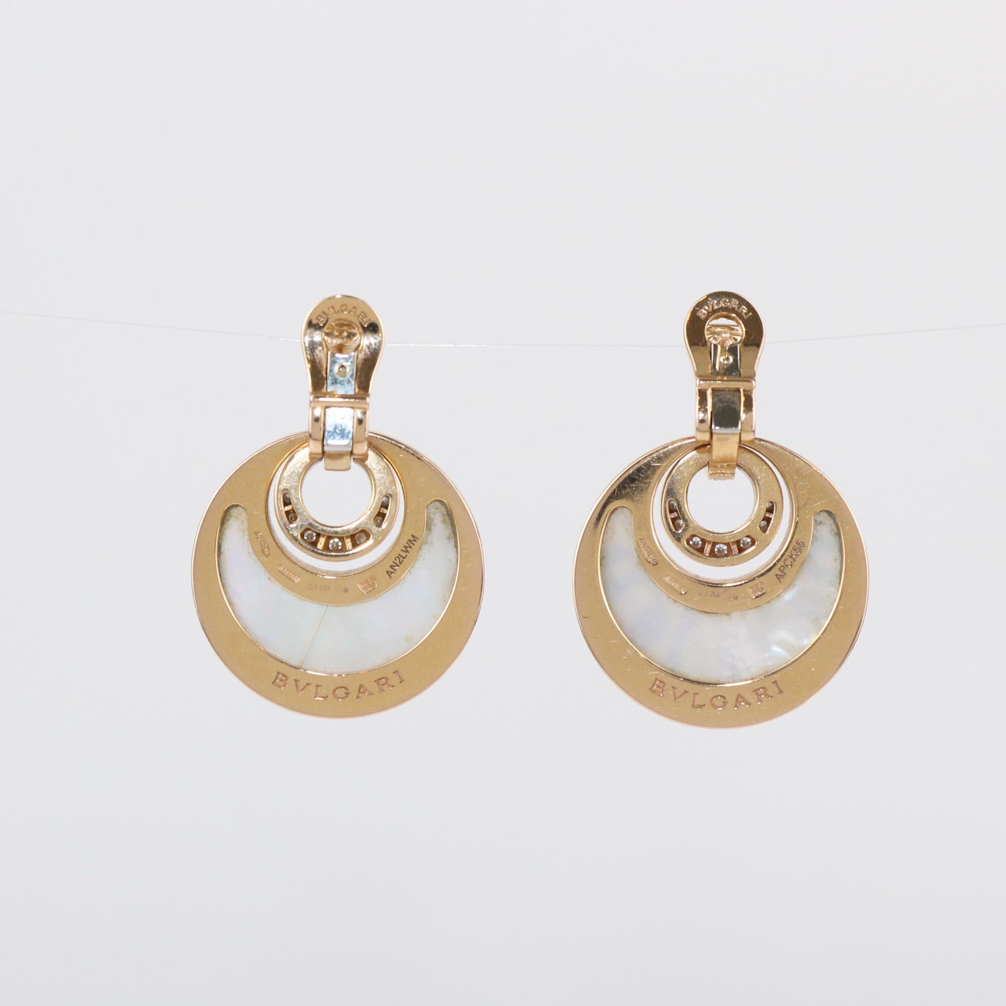 Bvlgari Intarsio Diamond Mother Of Pearl 18K Rose Gold Earrings Womens Bvlgari