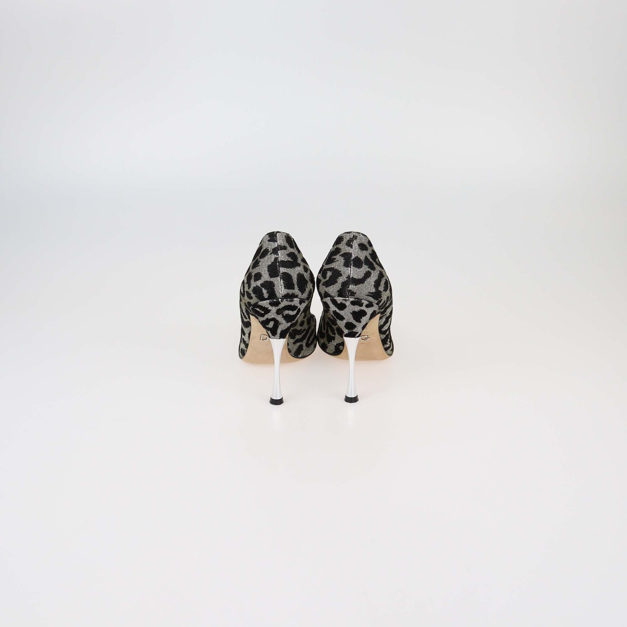 Dolce & Gabbana Silver/Black Leopard Print Lurex and Velvet Pointed Toe Pumps