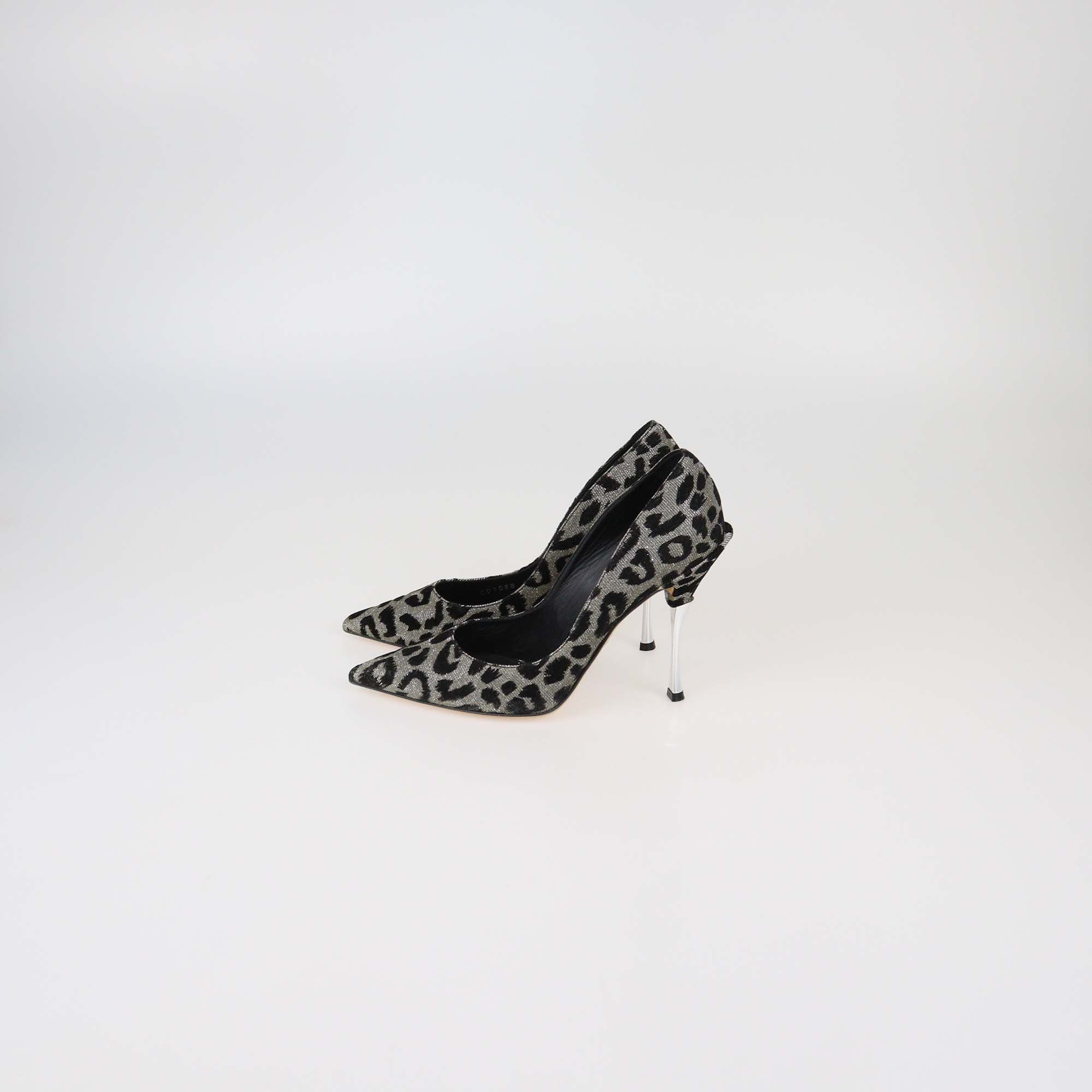 Dolce & Gabbana Silver/Black Leopard Print Lurex and Velvet Pointed Toe Pumps