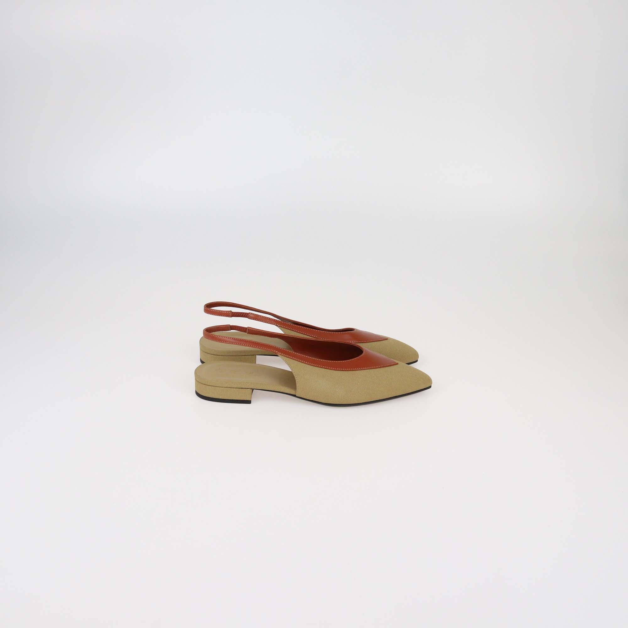 Loro Piana Khaki/Brown Canvas and Leather Rebecca Slingback Pumps