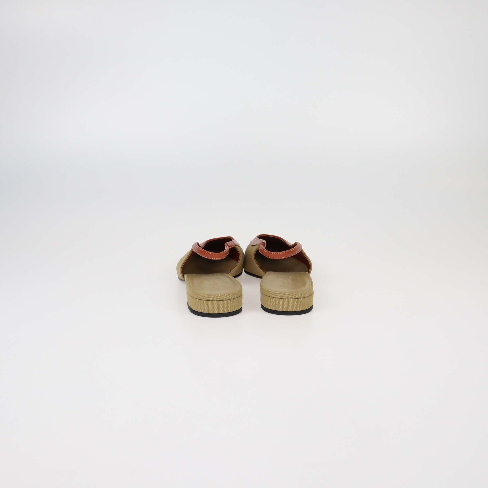 Loro Piana Khaki/Brown Canvas and Leather Rebecca Slingback Pumps