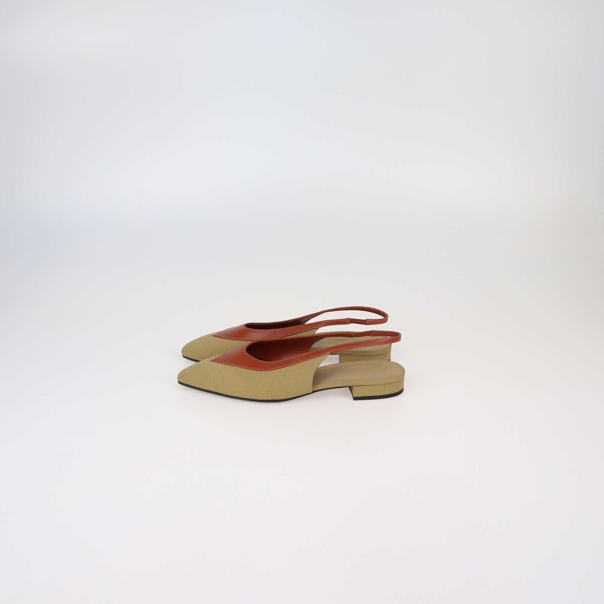 Loro Piana Khaki/Brown Canvas and Leather Rebecca Slingback Pumps