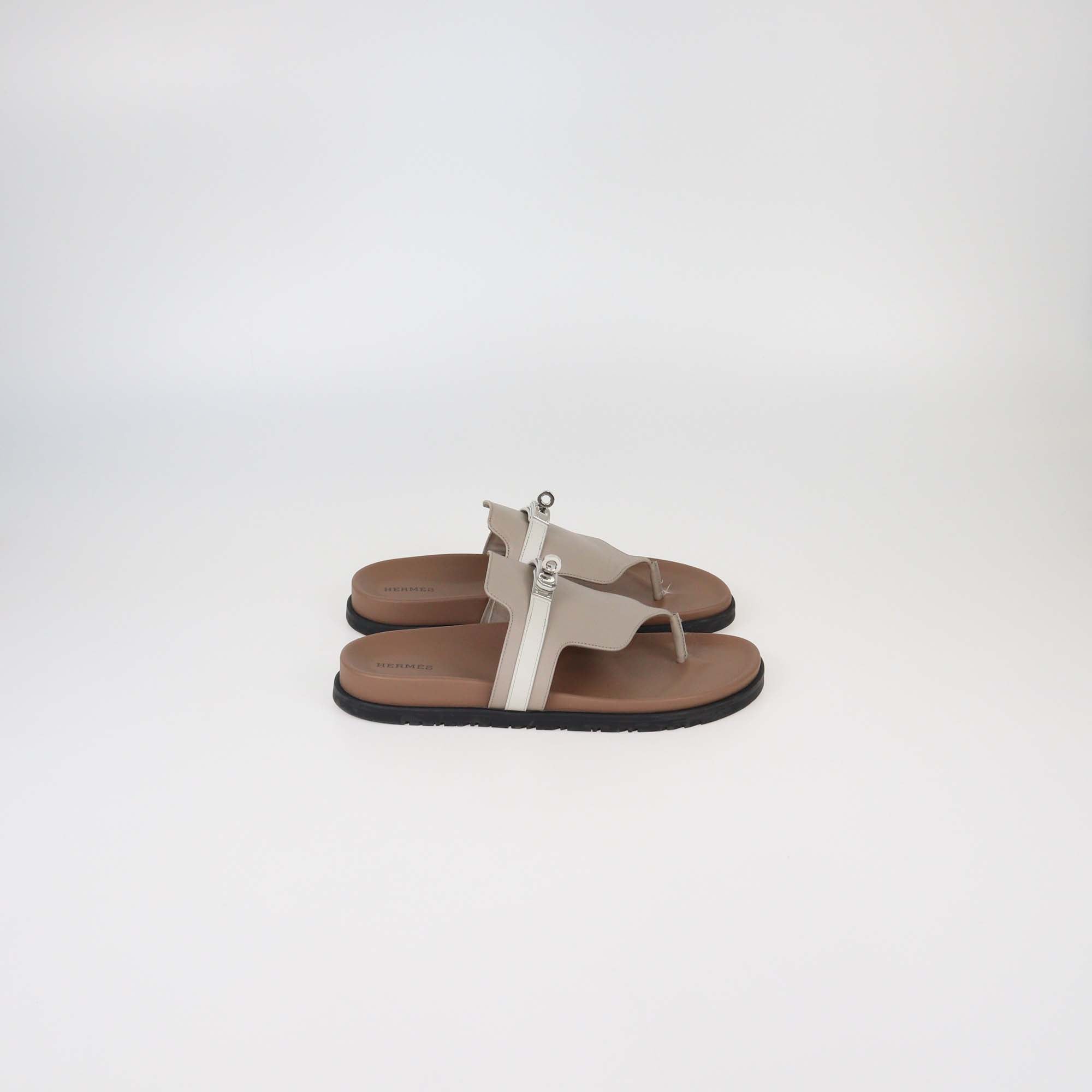 Hermes Grey/White Leather Empire Flat Sandals