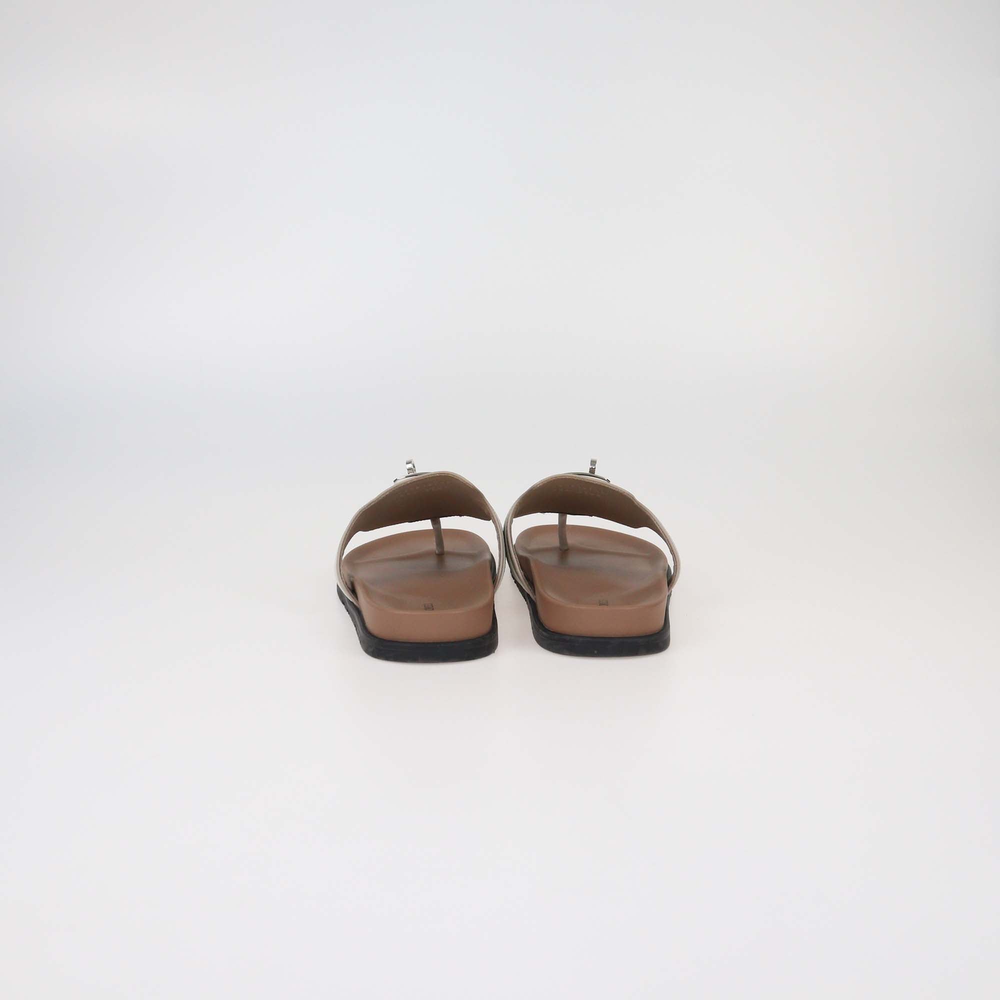 Hermes Grey/White Leather Empire Flat Sandals