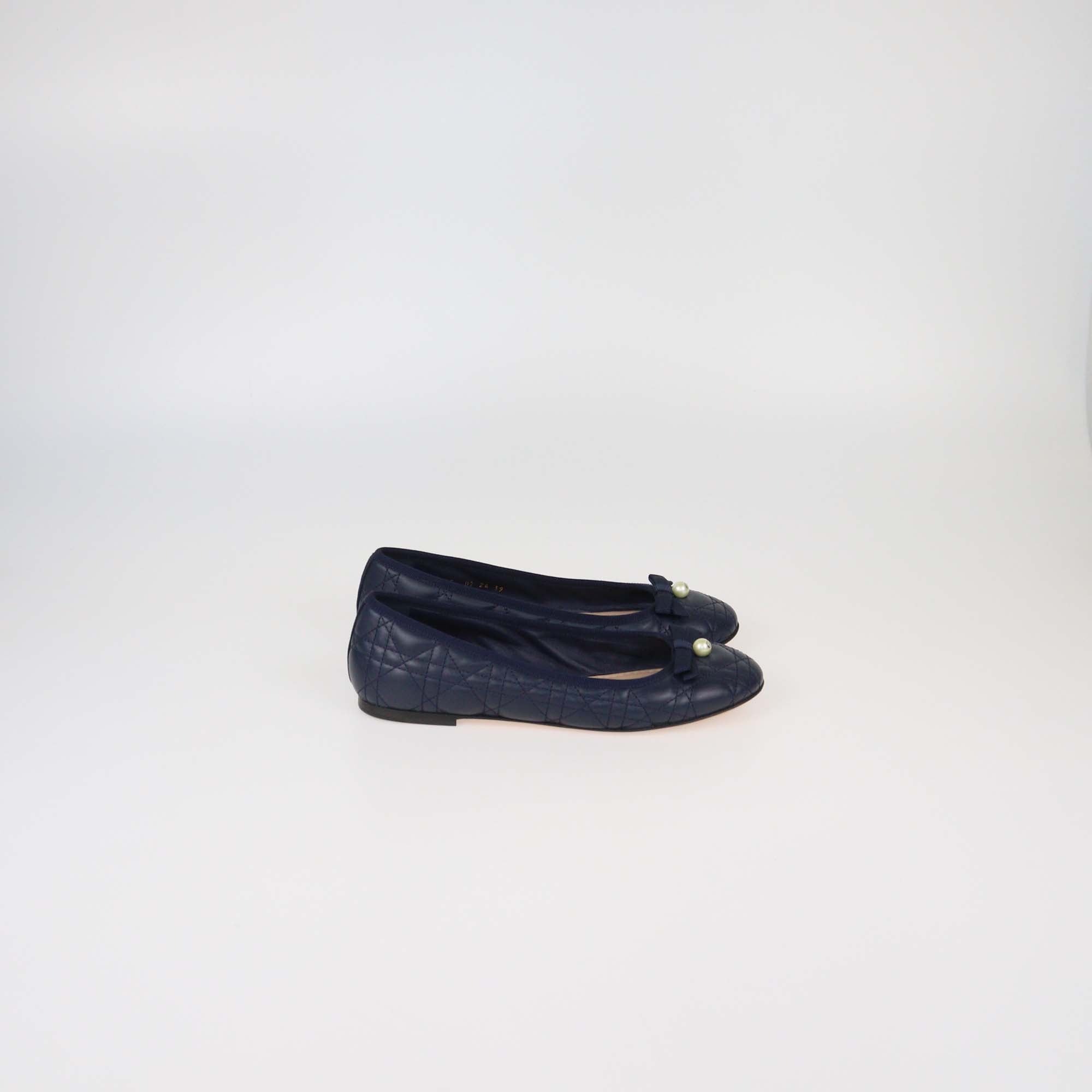 Christian Dior Navy Blue Calfskin Leather Cannage CD Pearl Bow Ballet Flats