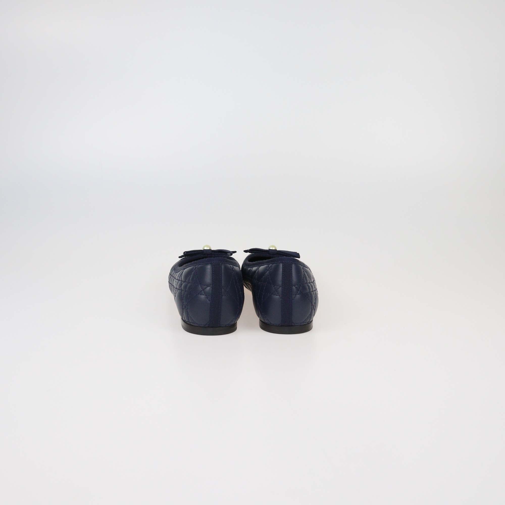 Christian Dior Navy Blue Calfskin Leather Cannage CD Pearl Bow Ballet Flats