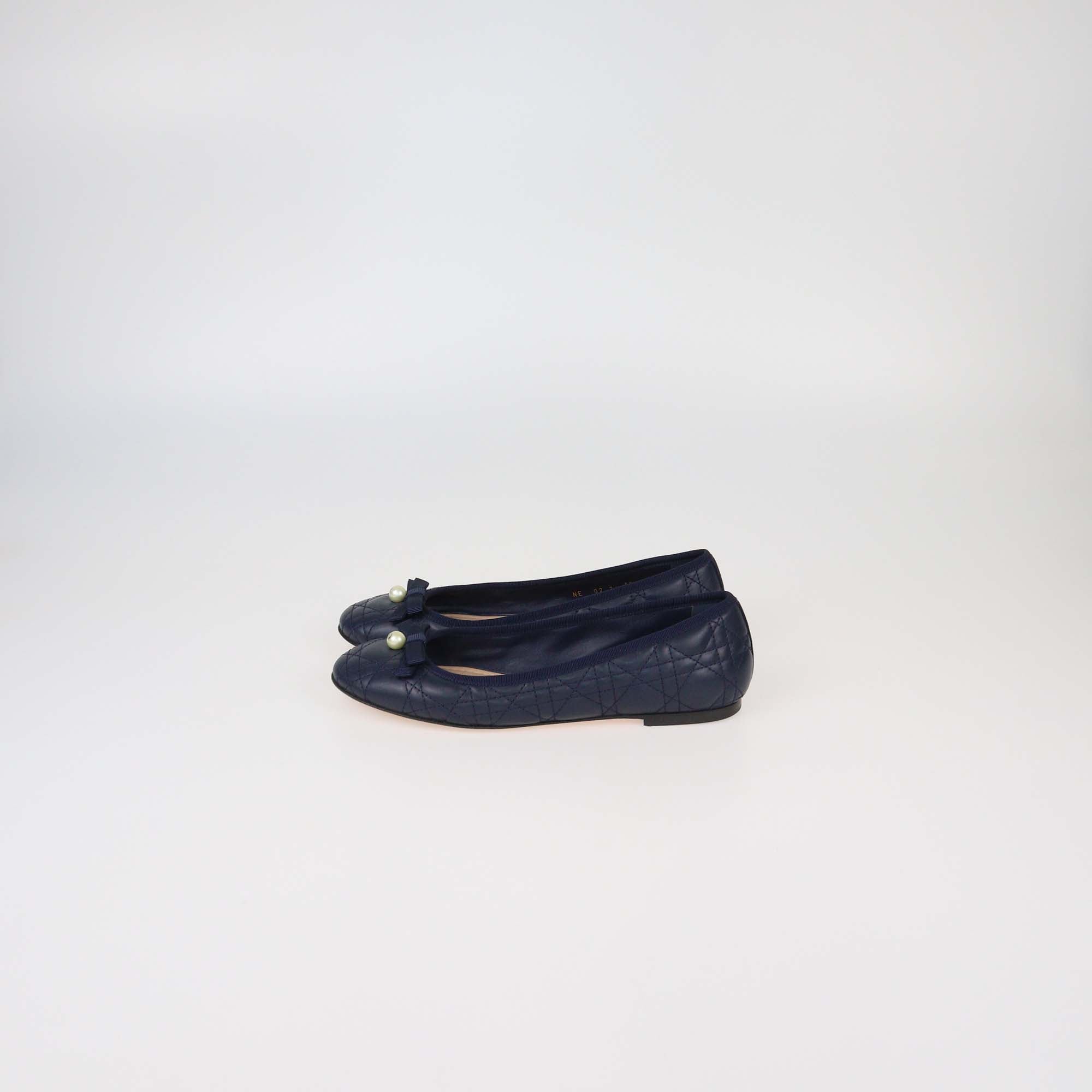 Christian Dior Navy Blue Calfskin Leather Cannage CD Pearl Bow Ballet Flats