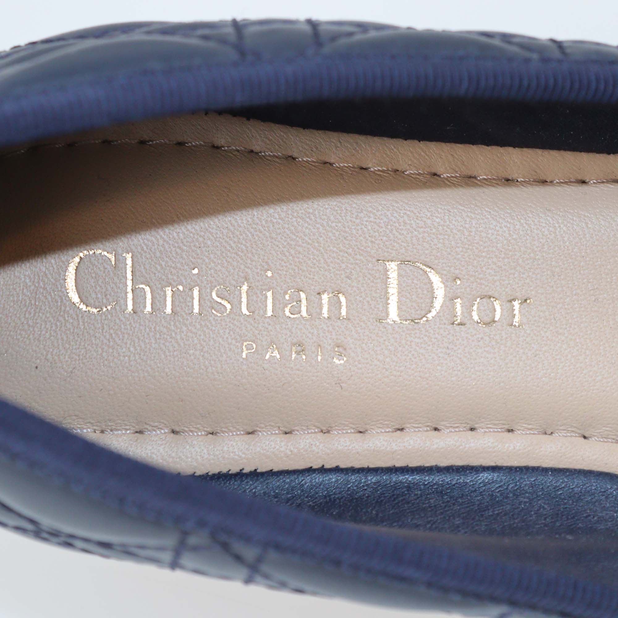 Christian Dior Navy Blue Calfskin Leather Cannage CD Pearl Bow Ballet Flats