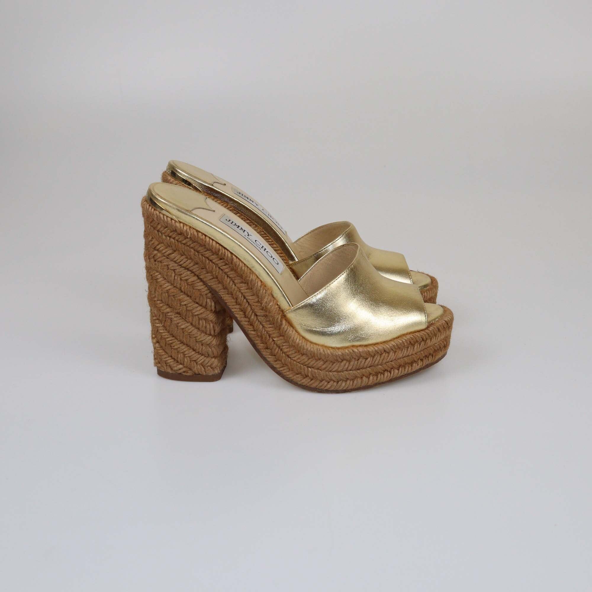 Jimmy Choo Gold Metallic Espadrille Wedge Womens Jimmy Choo