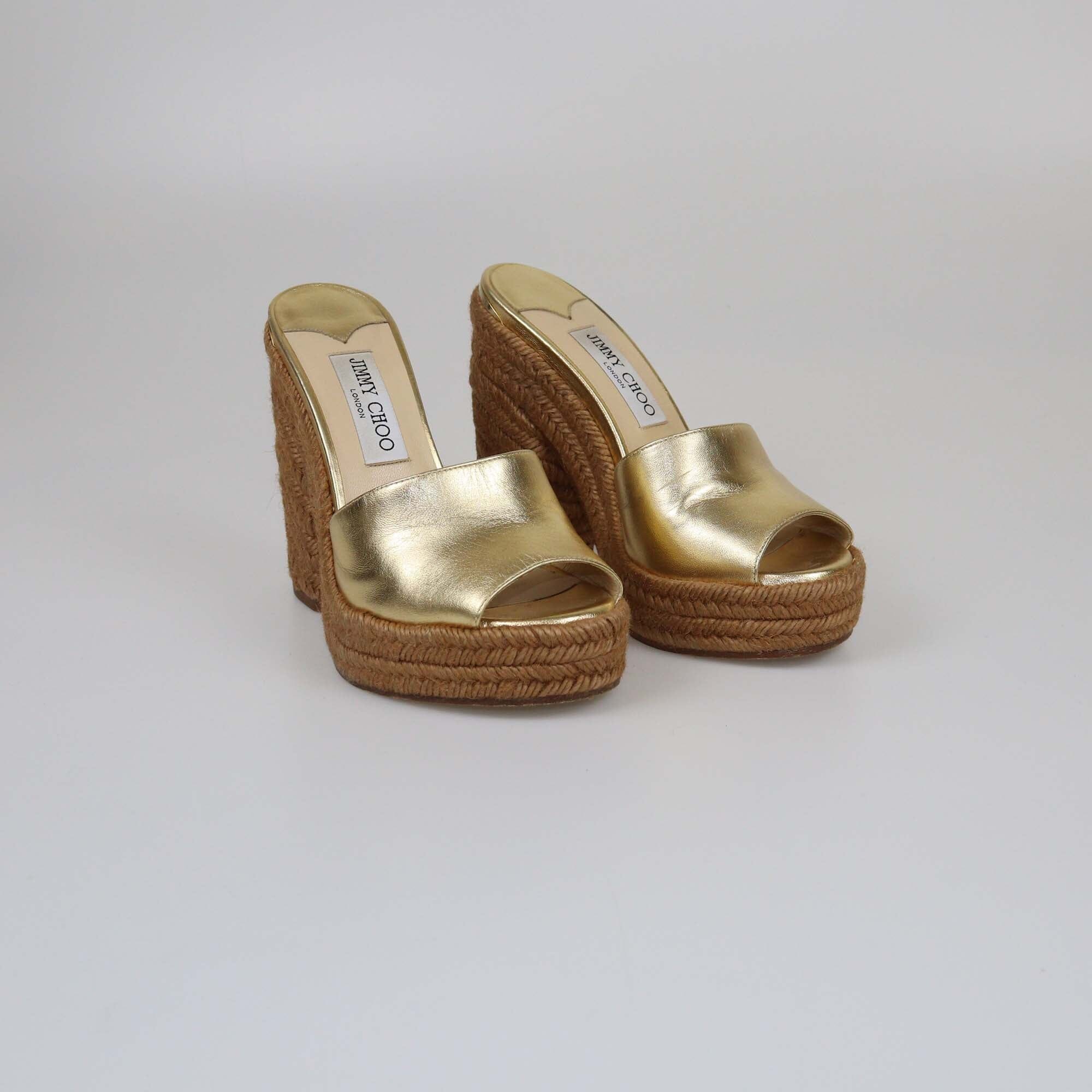Jimmy Choo Gold Metallic Espadrille Wedge Womens Jimmy Choo