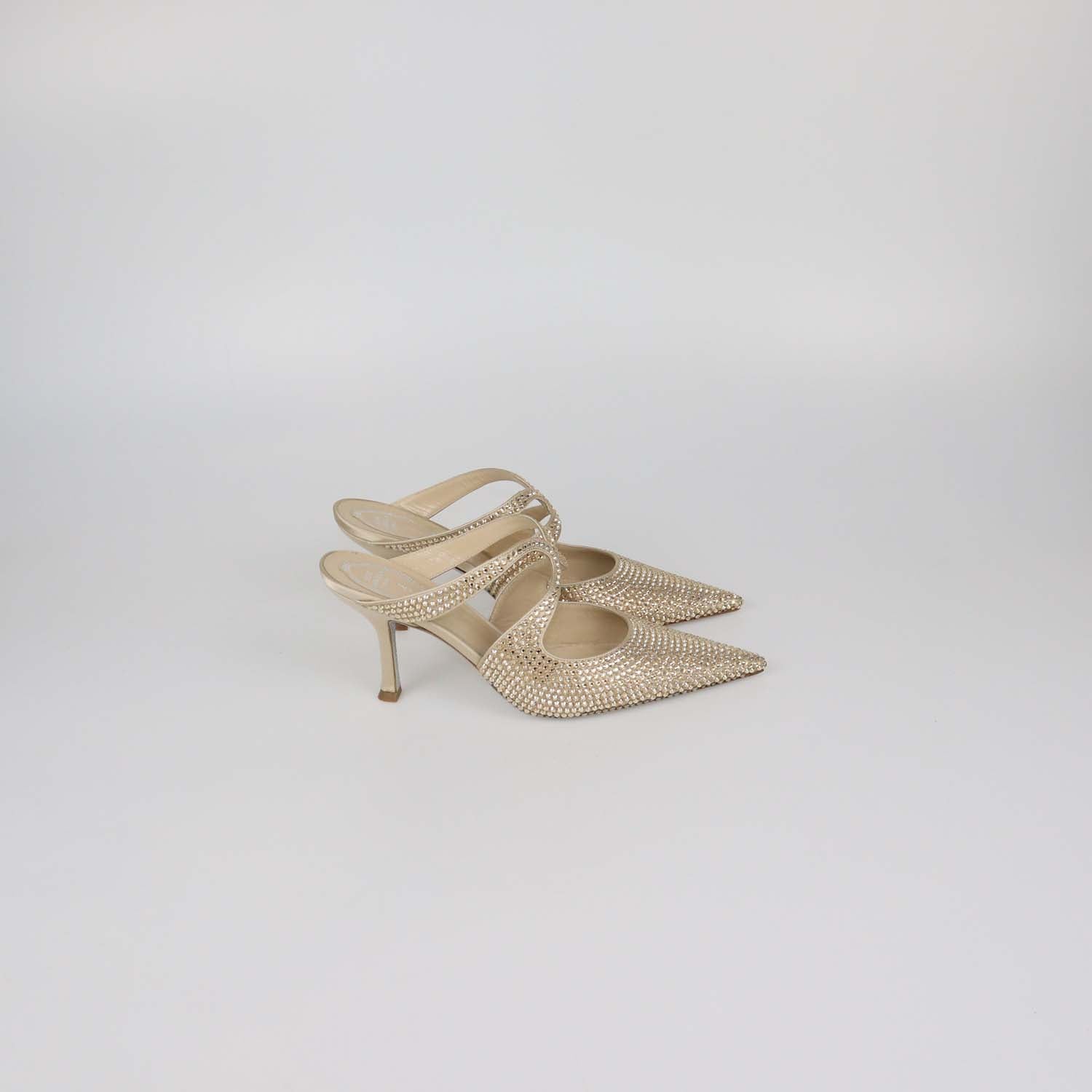 Rene Caovilla Light Gold Strass Satin Mules
