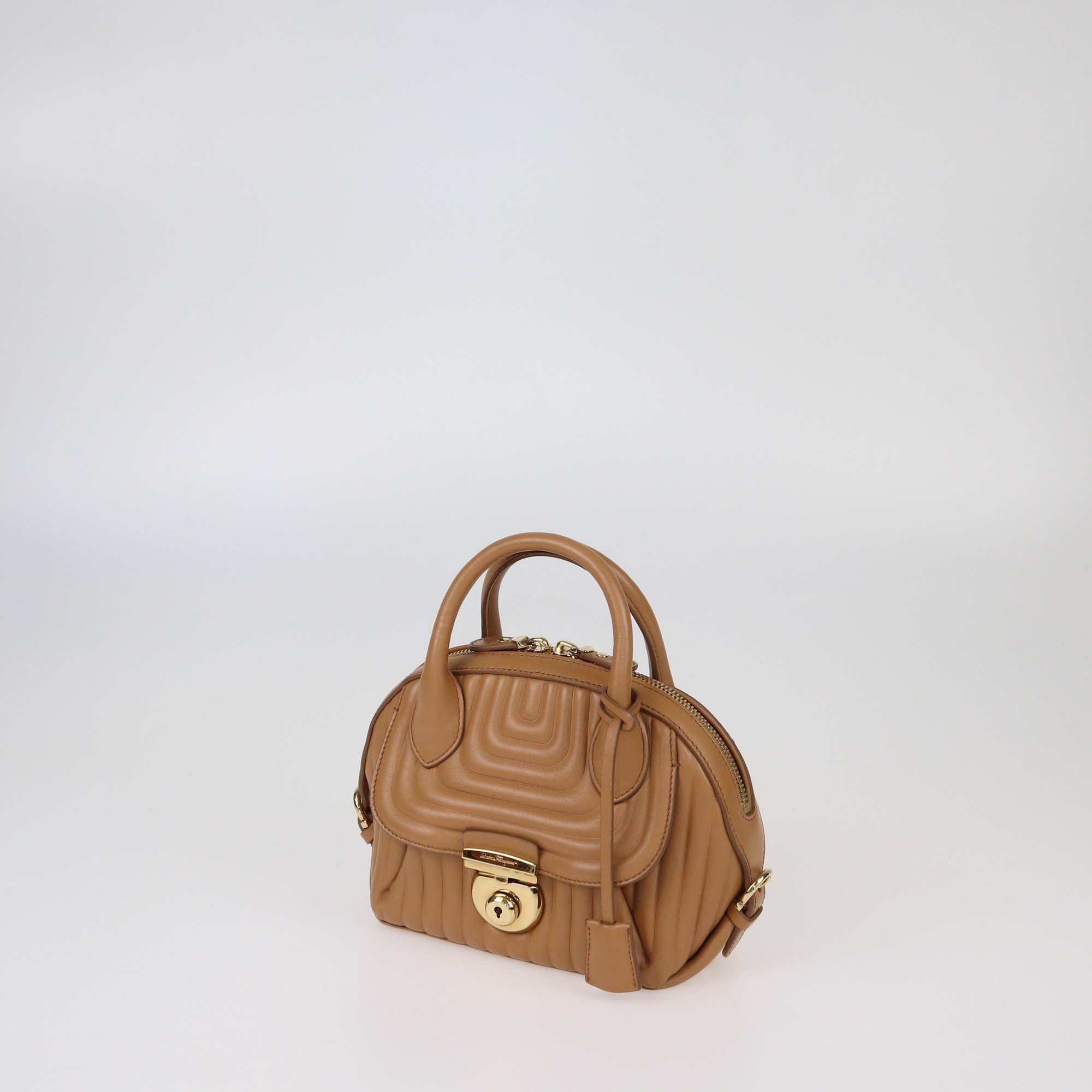 Salvatore Ferragamo Beige Quilted Leather Small Fiamma Convertible Satchel