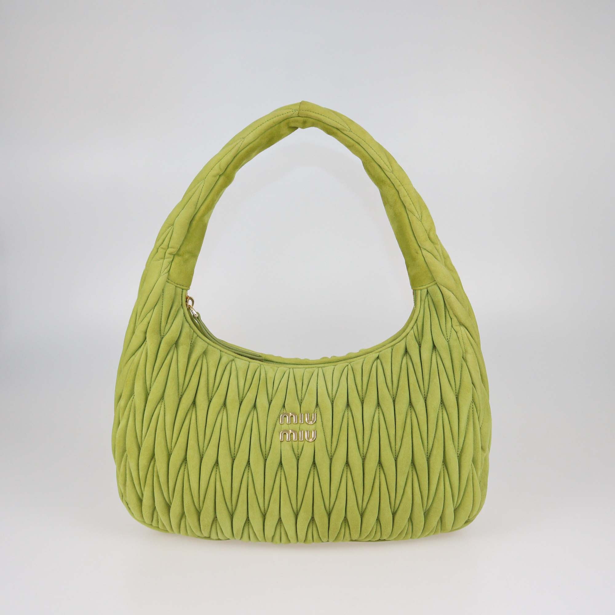 Miu Miu Apple Green Matelassé Suede Wander Large Hobo