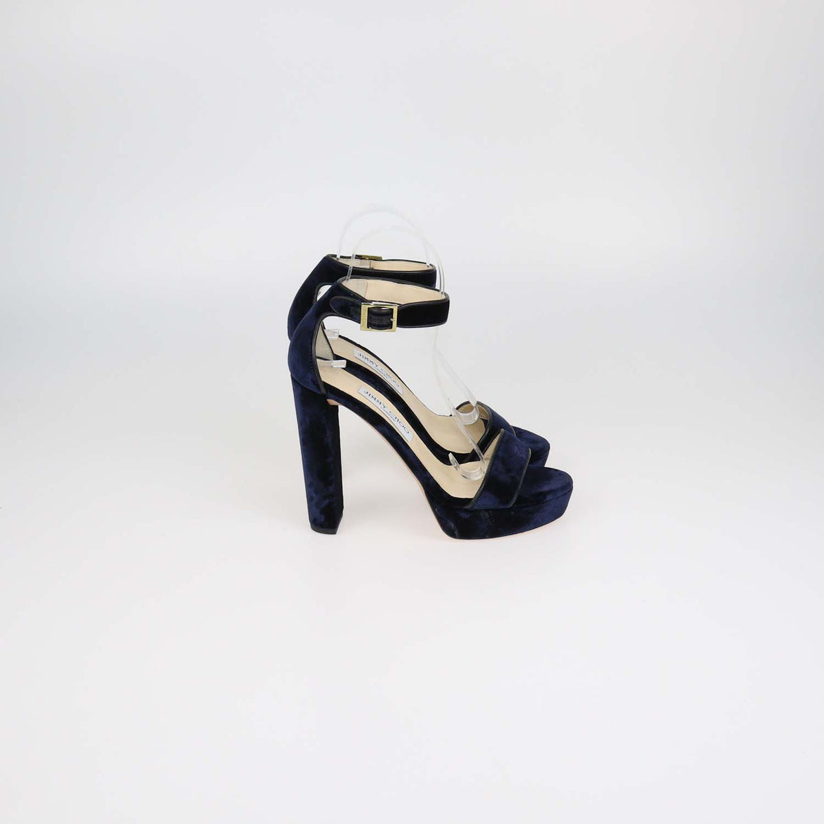 Jimmy Choo Navy Blue Velvet and Leather Ankle Strap Platform Sandals