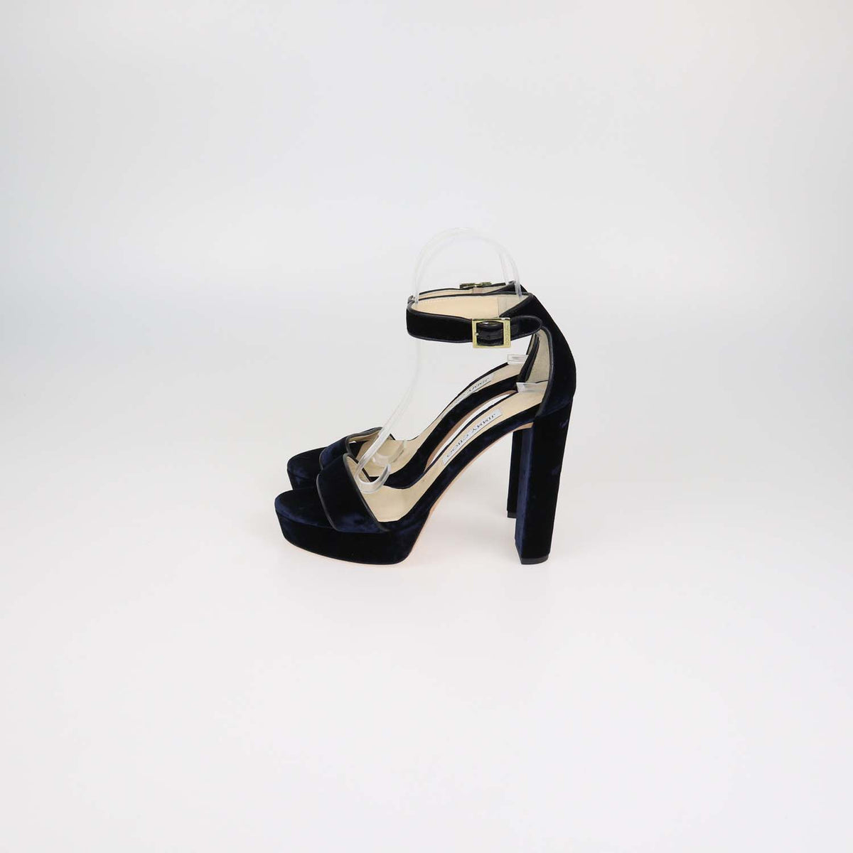 Jimmy Choo Navy Blue Velvet and Leather Ankle Strap Platform Sandals
