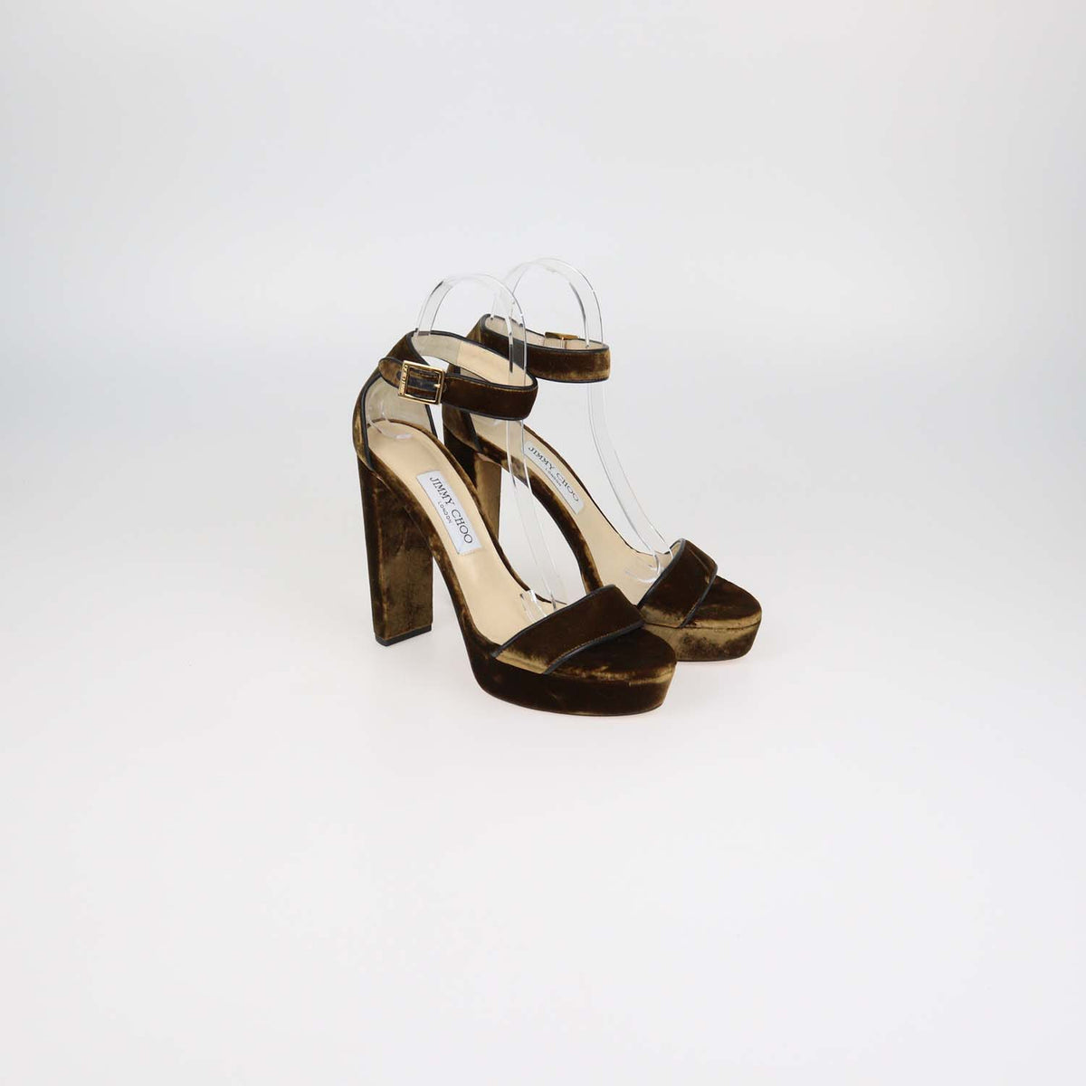 Jimmy Choo Brown Velvet and Leather Ankle Strap Platform Sandals