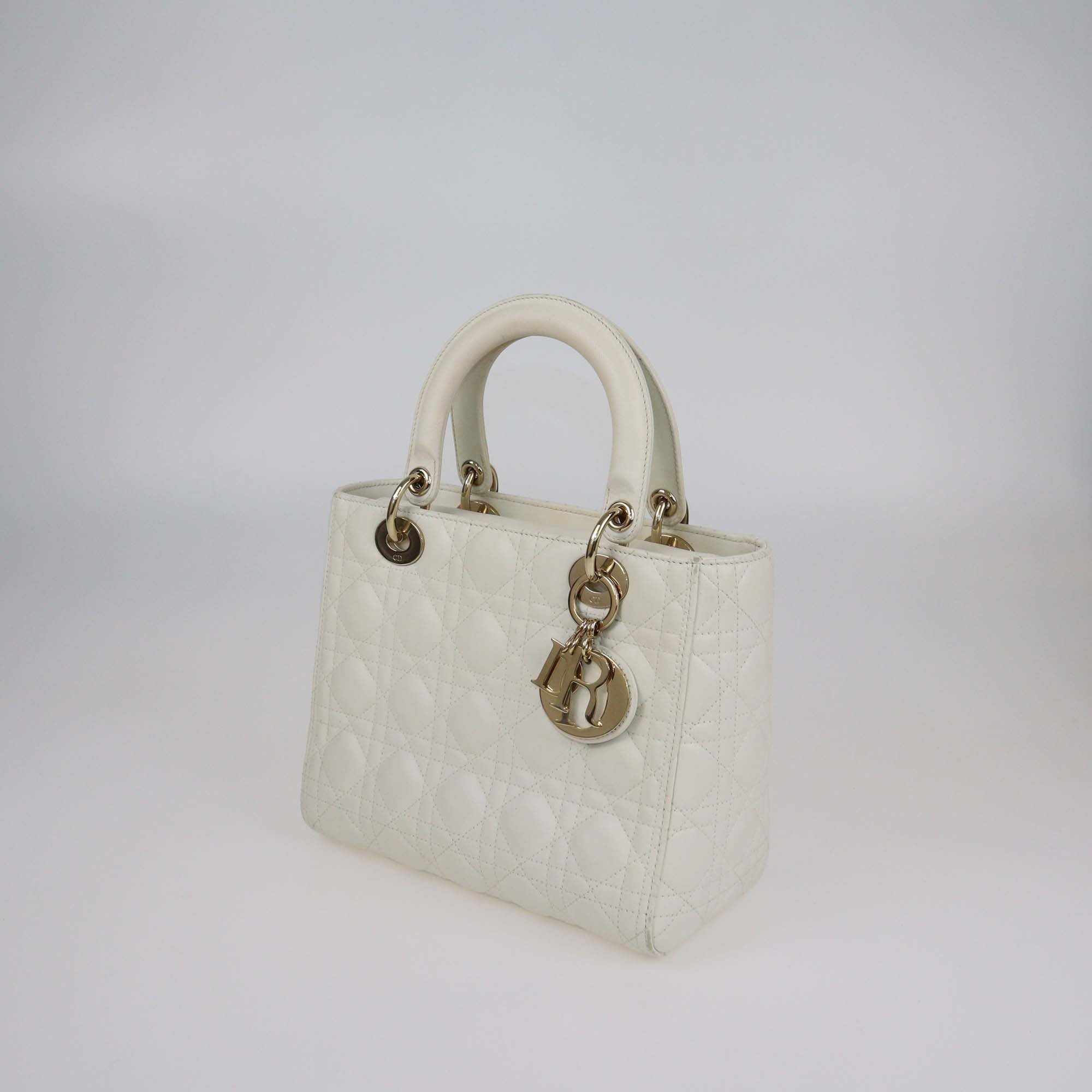 Christian Dior Off White Cannage Leather Medium Lady Dior Tote