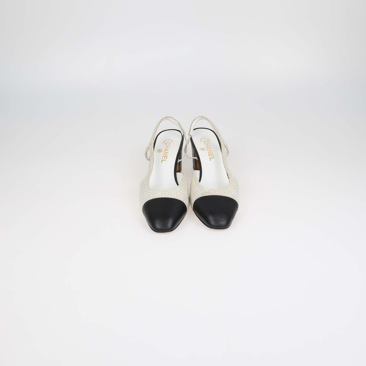Chanel White,Black Tweed and Leather Cap Toe Slingback Pumps