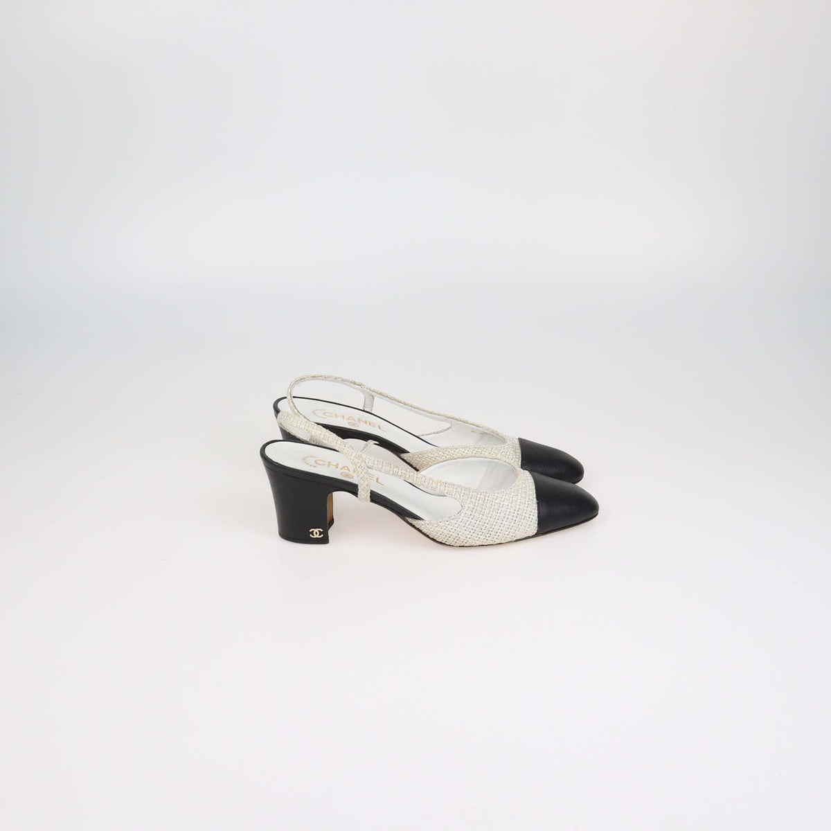 Chanel White,Black Tweed and Leather Cap Toe Slingback Pumps